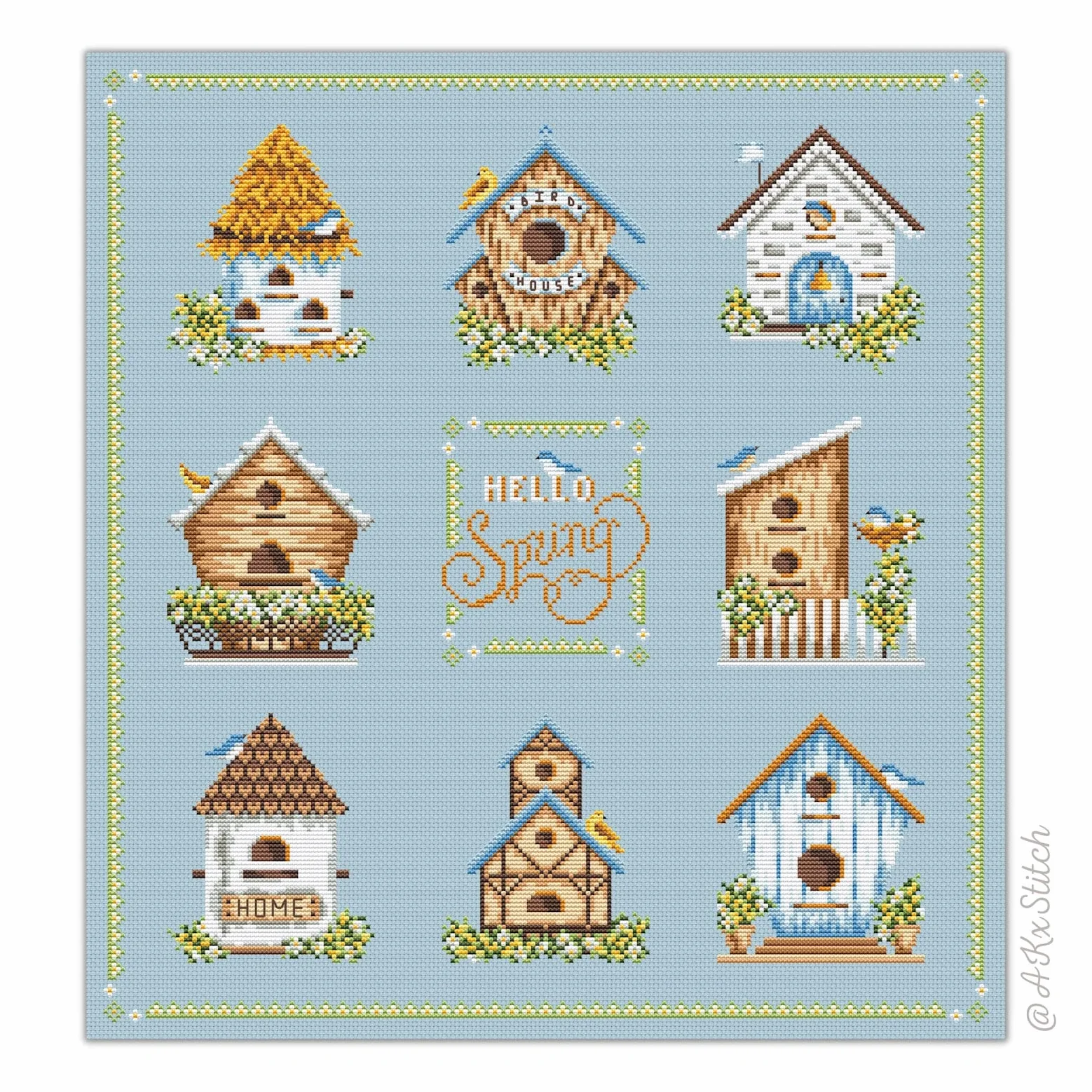 Birdhouse Sampler - Juego completo de punto de cruz con hilos DMC y tela, patrón de bordado floral de primavera con nidos de pájaros, pájaro cantor de teta de golondrina, lindo folk primitivo