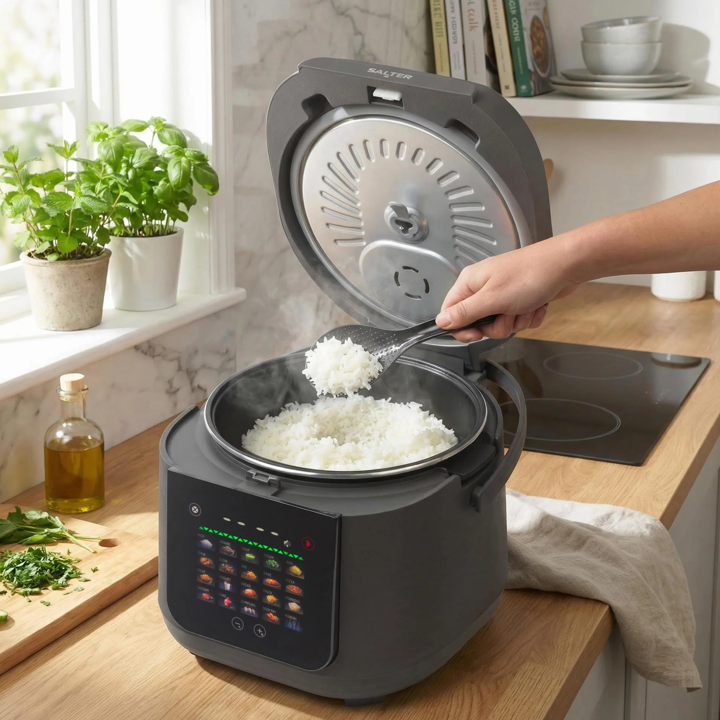 Salter Multicooker de 5 litros - 20 programas preestablecidos y función mantener caliente durante 12 horas, recubrimiento antiadherente sin PFAS, tapa interior y válvula de vapor extraíbles, 860W