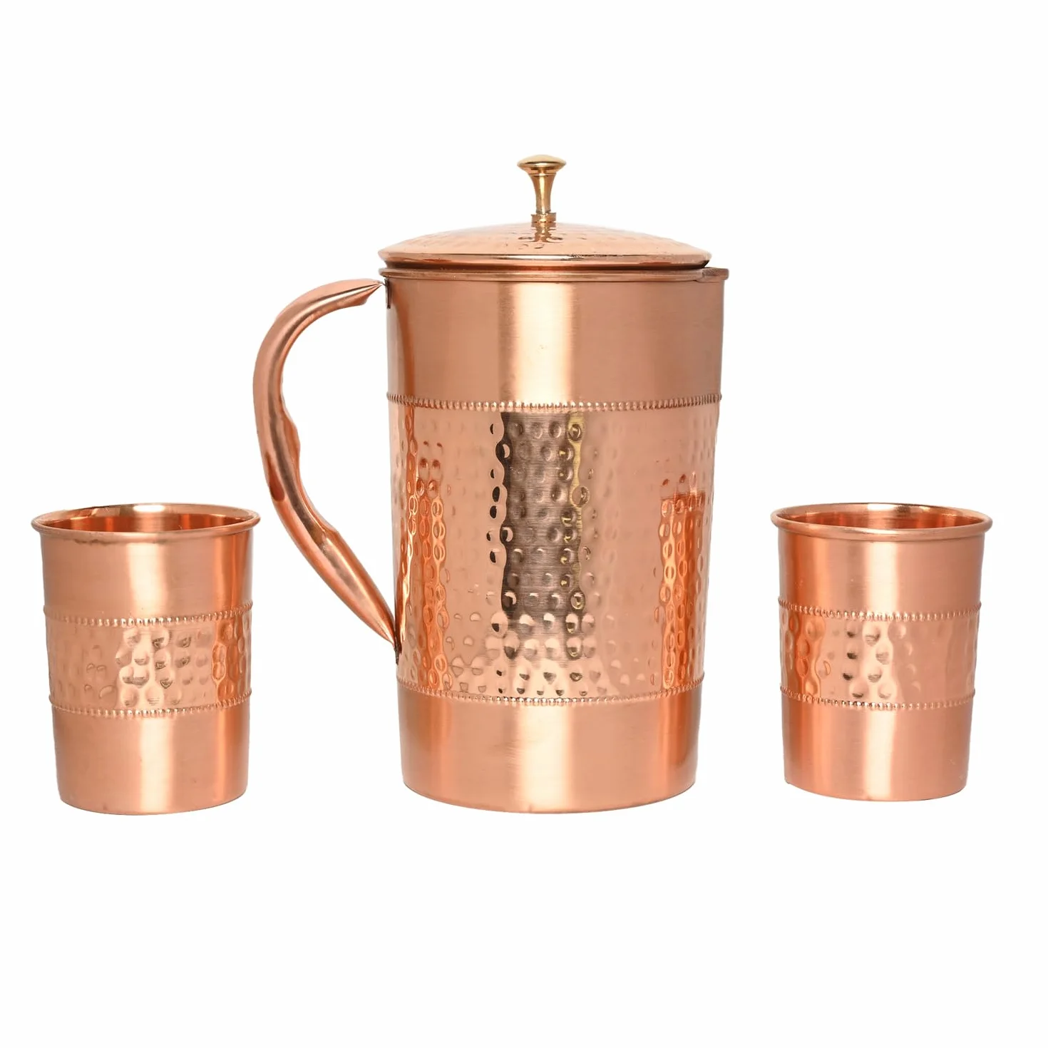 Jarra de agua de cobre puro con 2 vasos de cobre (patrón martillado y liso) para beneficios de salud Ayurveda (con vidrio recto)