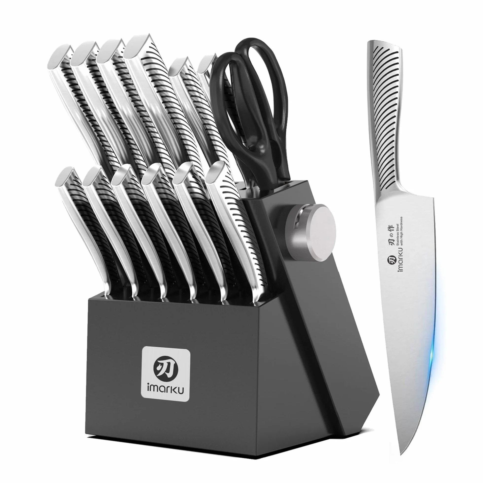 imarku Bloque de Cuchillos Negro, 14 piezas Cuchillos de Cocina, Afilado Juego de Cuchillos Japoneses con Bloque de Madera para Cuchillos, Regalos Dia Del Padre