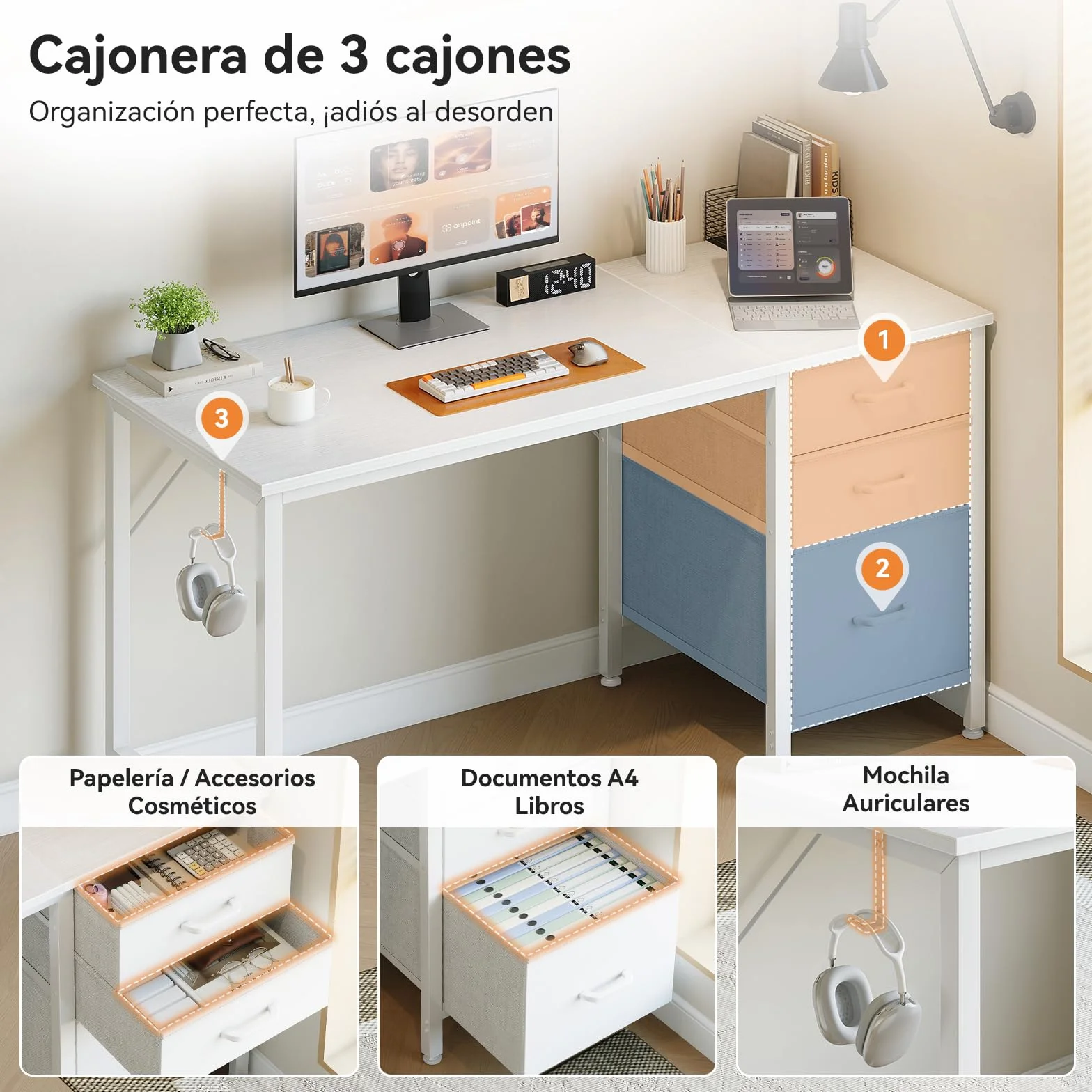 Coleshome Escritorio con 3 Cajones de Tela, 120x48cm, Soporte para Auriculares, Blanco, Reversible para Oficina en Casa