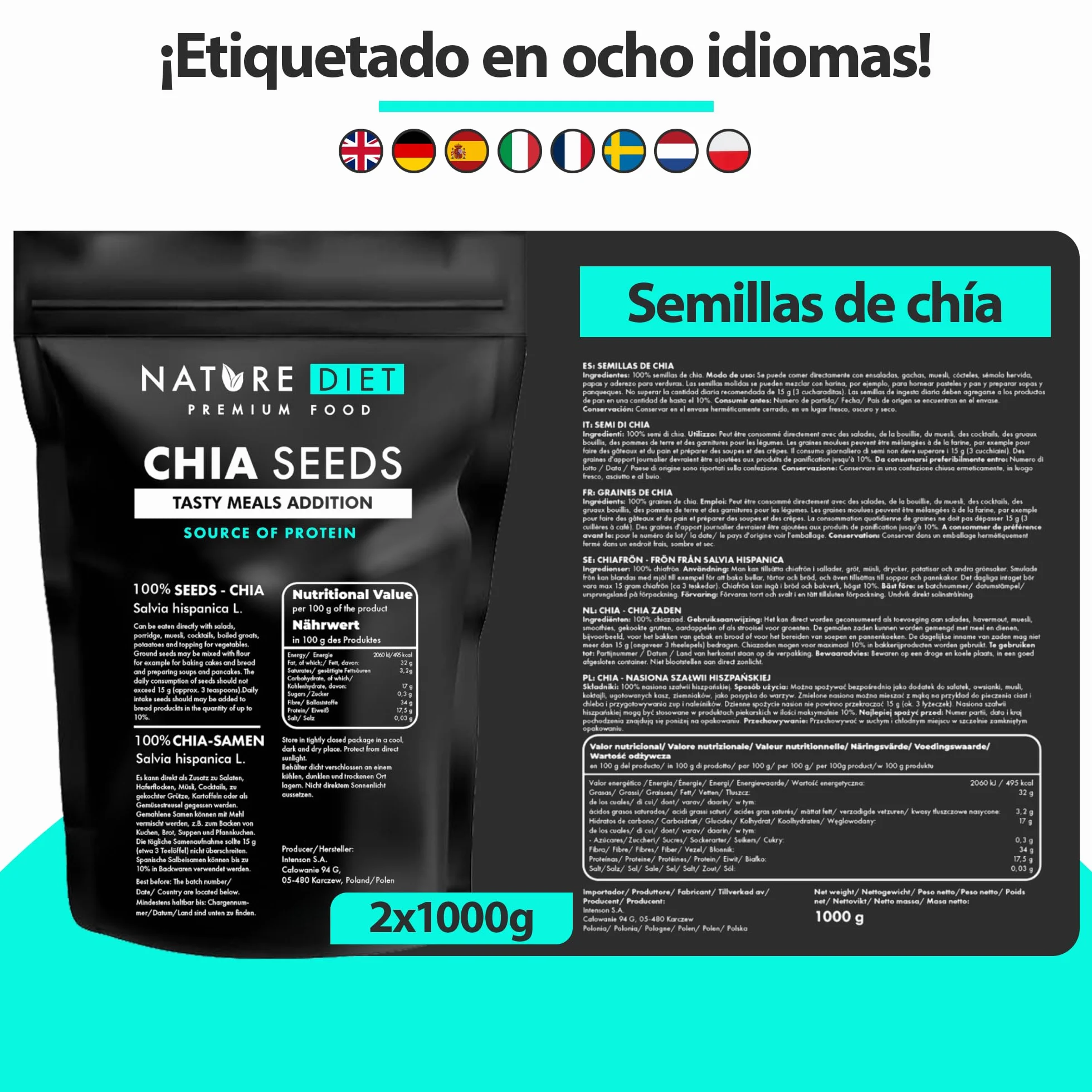 Semillas de chía Nature Diet 2x 1000 g Salvia Hispanica Alto en Omega-3 Fuente de fibra