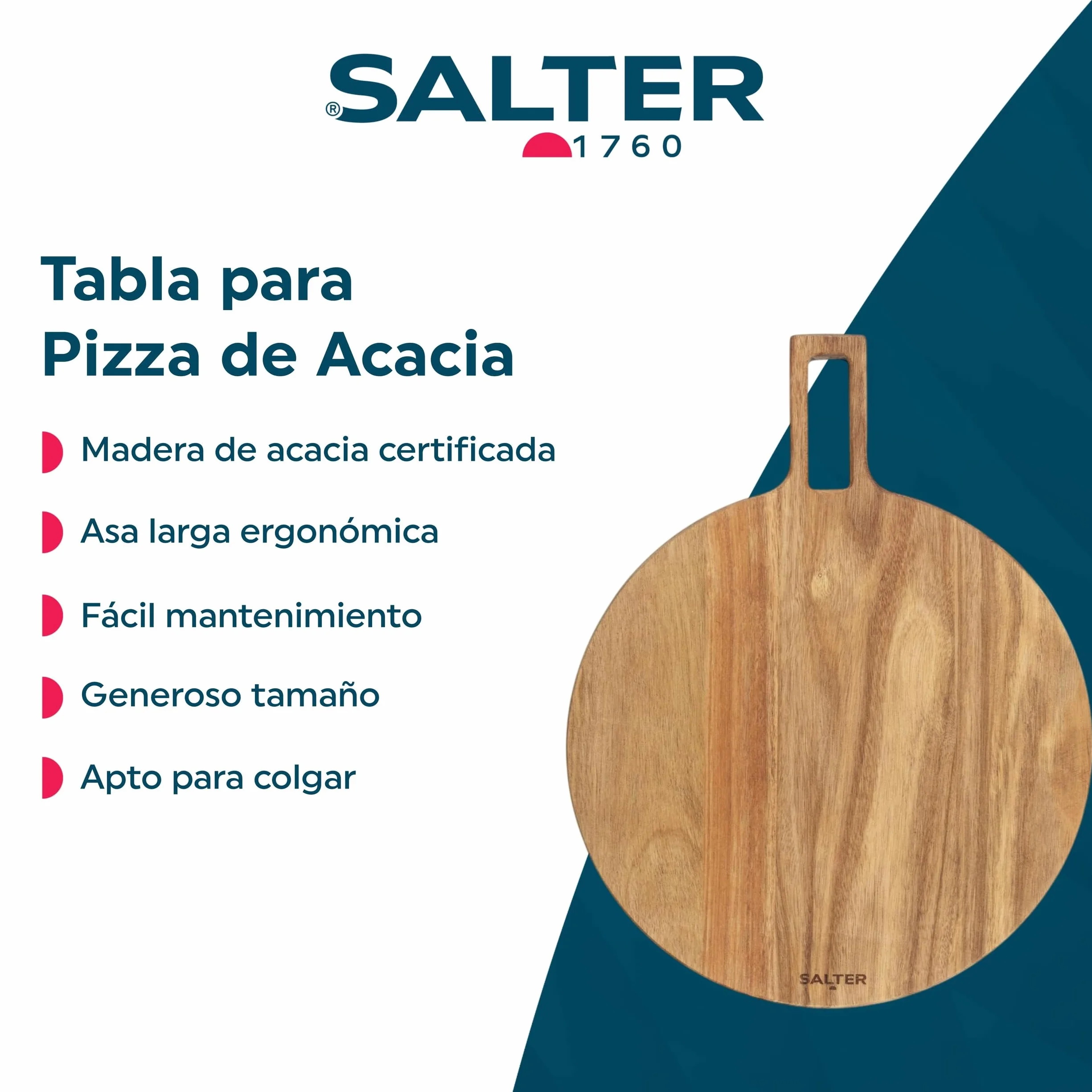 Salter Toronto Tabla de pizza de madera de acacia FSC con asa y aro colgante