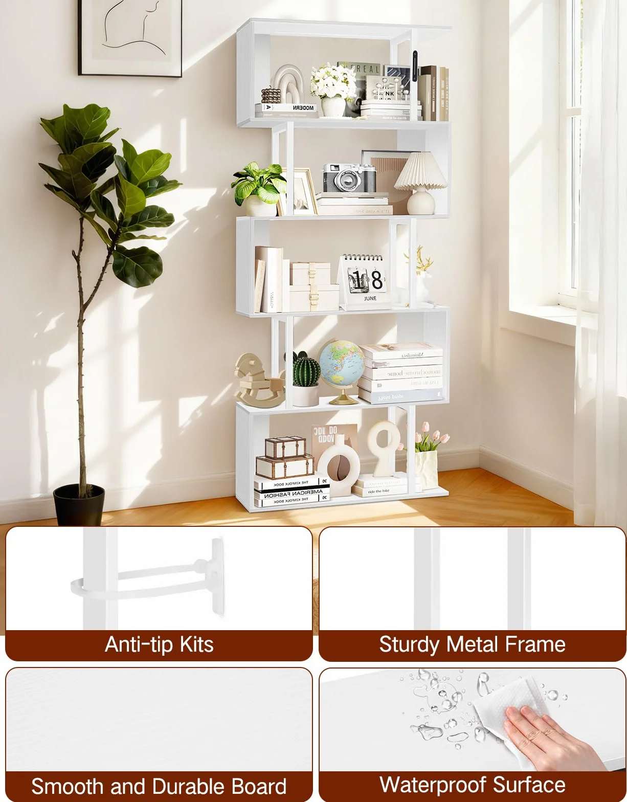 Librería con Forma de S con Luz, 5 Niveles, Control Táctil y Mando a Distancia, Estantería Expositora Autoportante de Estilo Industrial para Salón, Dormitorio y Oficina (70 × 24 × 157 cm)