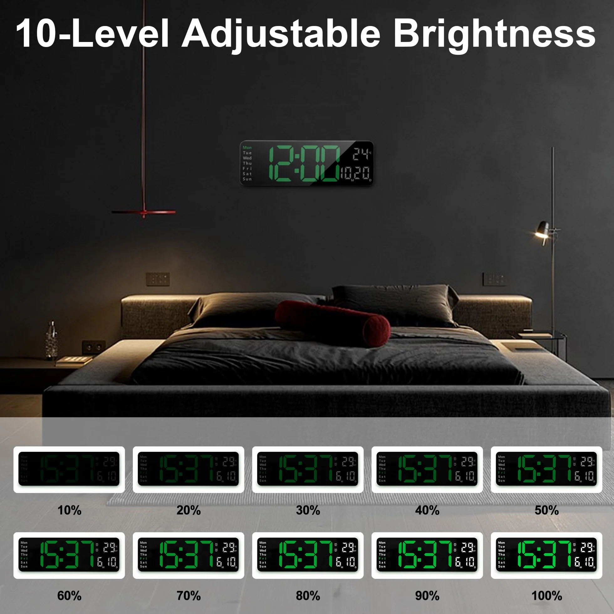 Reloj Digital Pared LED Grande 32cm Silencioso con Control Remoto Temperatura Fecha 2 Alarmas Brillo Ajustable 12/24 Horas Verde