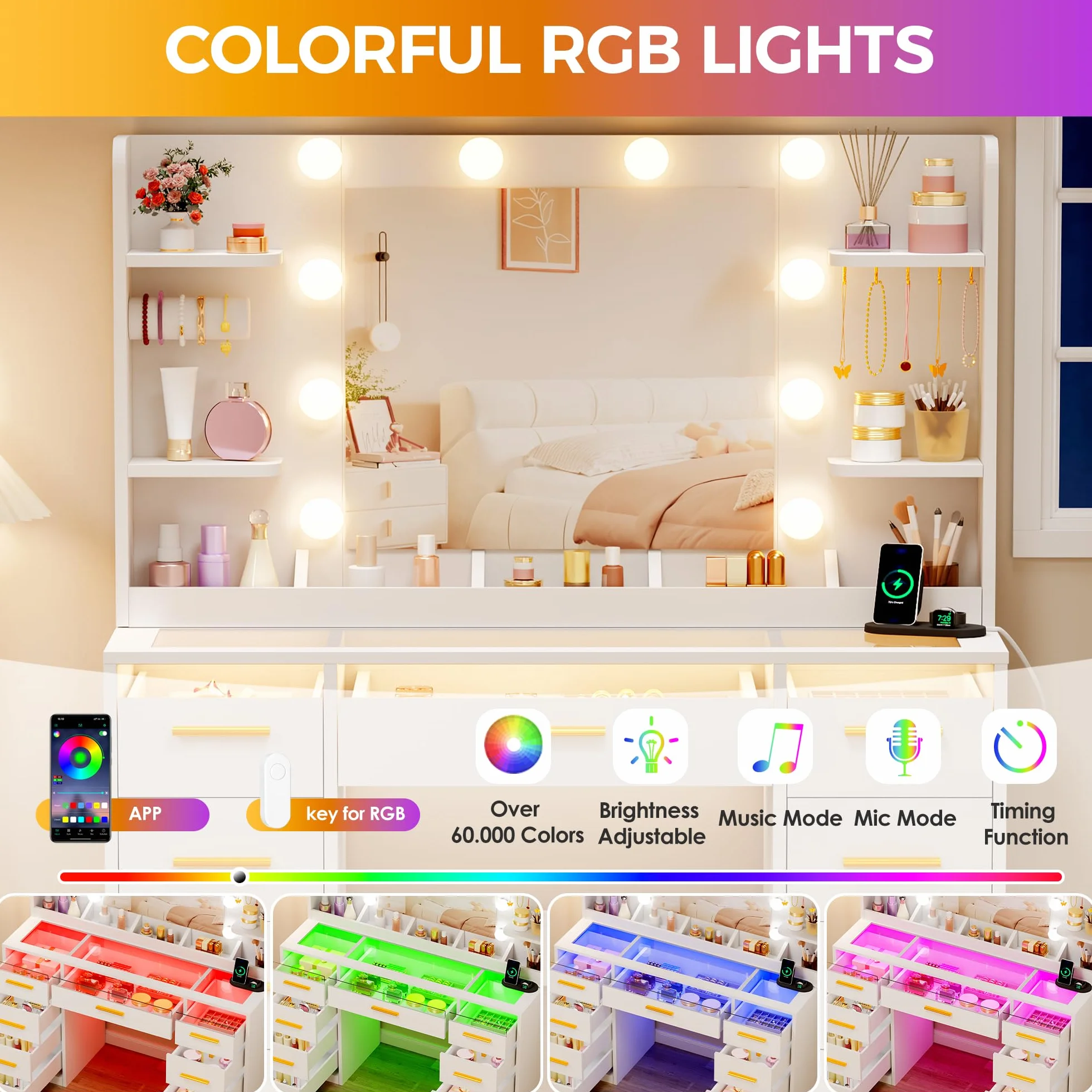 ANWBROAD Grande Tocador de Maquillaje con Espejo y Luces LED, 9 Cajones RGB, Mesa Moderna Blanco BDT95W