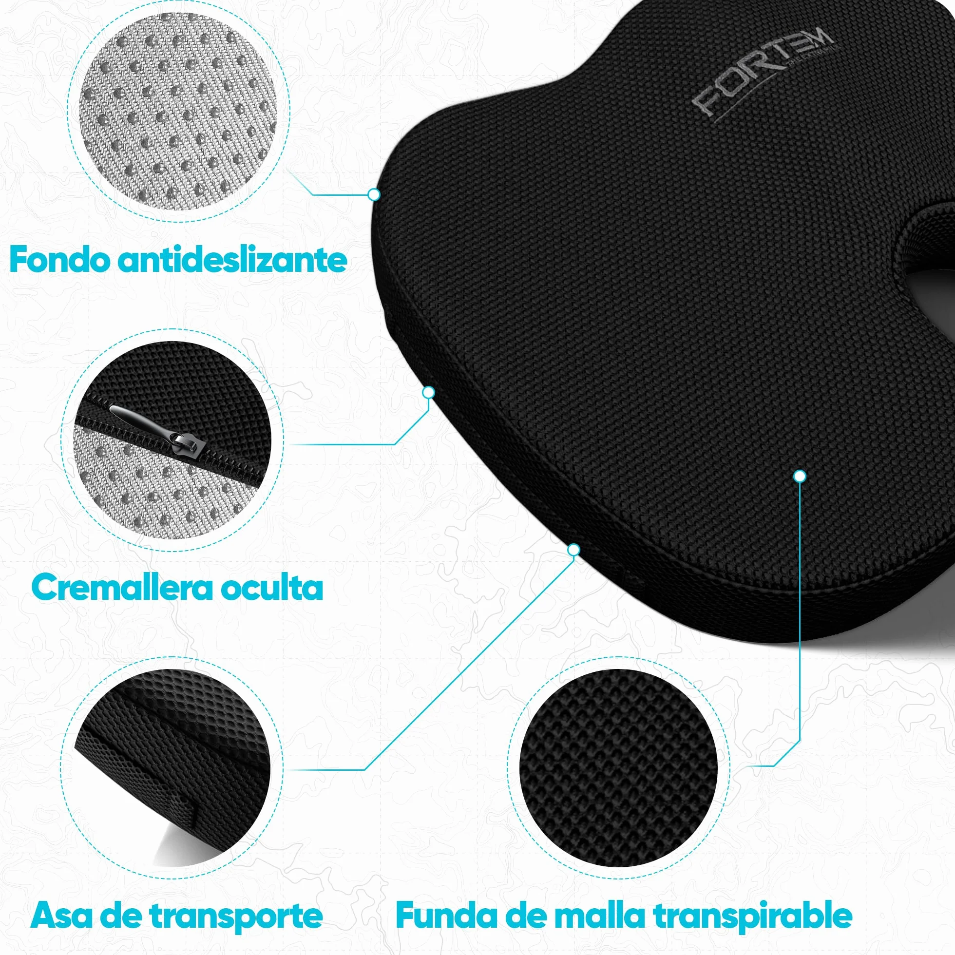 FORTEM Cojín Silla Oficina Forma U Espuma Viscoelástica Ergonómico Asiento Coche Gaming Viaje Funda Lavable