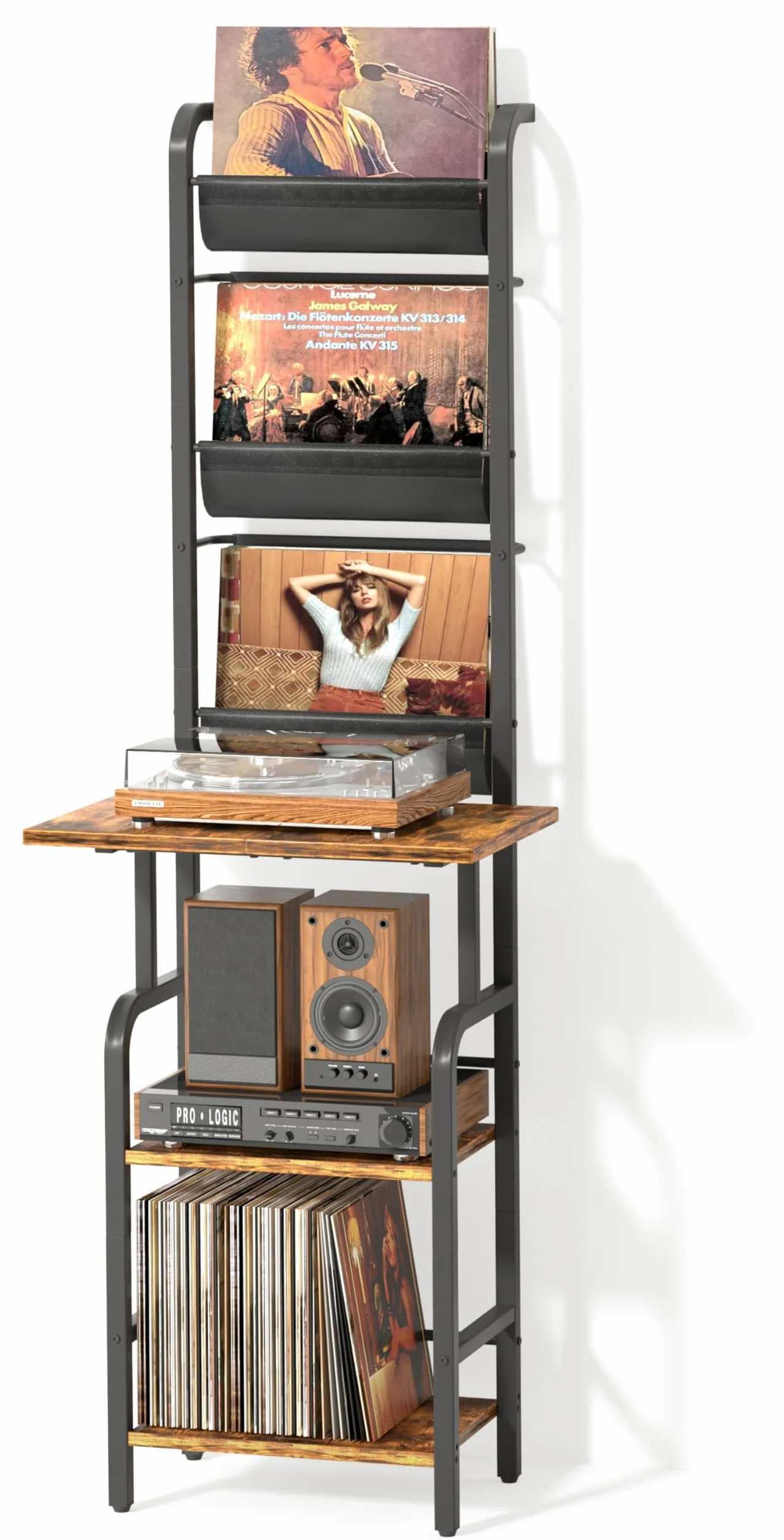 Bikoney Mueble Tocadiscos Alto con Almacenamiento para Vinilos – Estante para Tocadiscos con Soporte de Pared, Organizador para Hasta 200 Discos de Vinilo