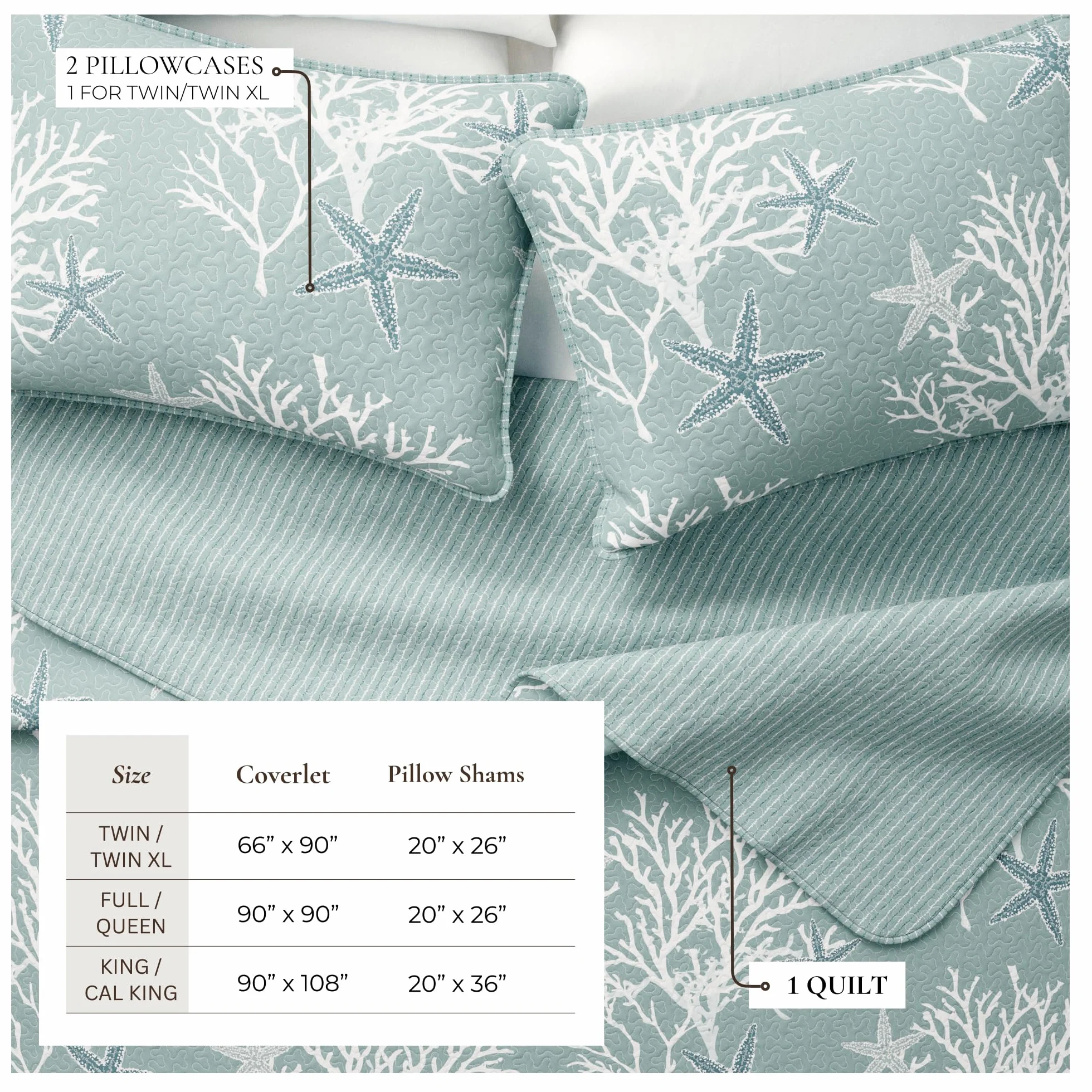 Juego de ropa de cama tamaño King, colcha costera de verano con fundas, juego de colcha reversible de 3 piezas para todas las estaciones. Colcha náutica ligera. Colección Fenwick, azul éter.