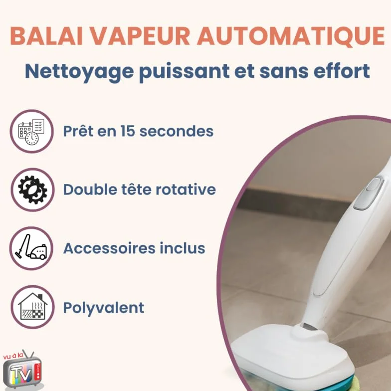 STEAM TWISTER/STEAM SPINNER – TELESHOPPING – VENTEO – Escoba de vapor automático – Doble cabezal giratorio – Vapor hasta 120 °C – Disco de microfibra lavable – 8 accesorios