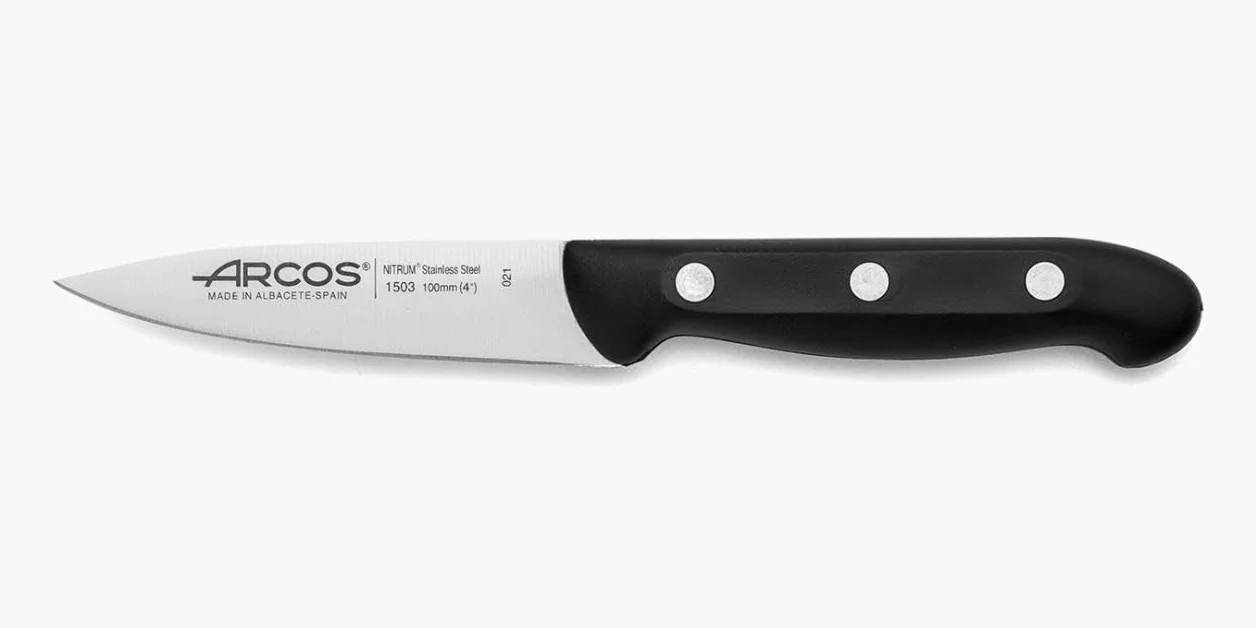 Arcos Cuchillo Mondador de Acero Inoxidable. Cuchillo Cocina Profesional para Pelar Frutas y Verduras. Mango Ergonómico Polioximetileno y Hoja 100mm. Serie Maitre. Color Negro.