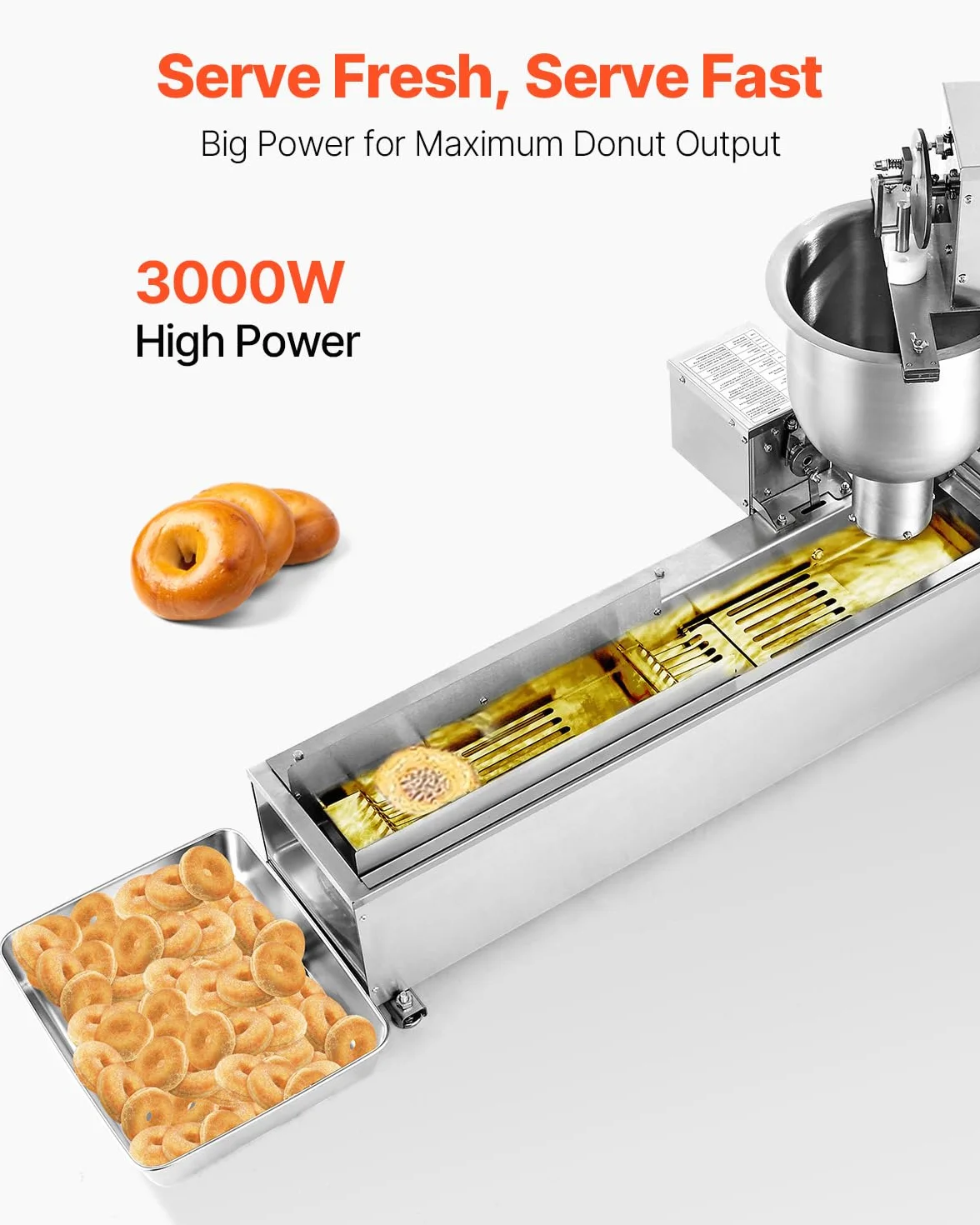 VEVOR Máquina Automática para Hacer Donas, Equipo para Hacer Donas de Una Sola Fila, Alta Potencia de 90 Piezas/Hora, Acero Inoxidable, con Moldes de 3 Tamaños y Conteo Automático, 14,5 L, Plata