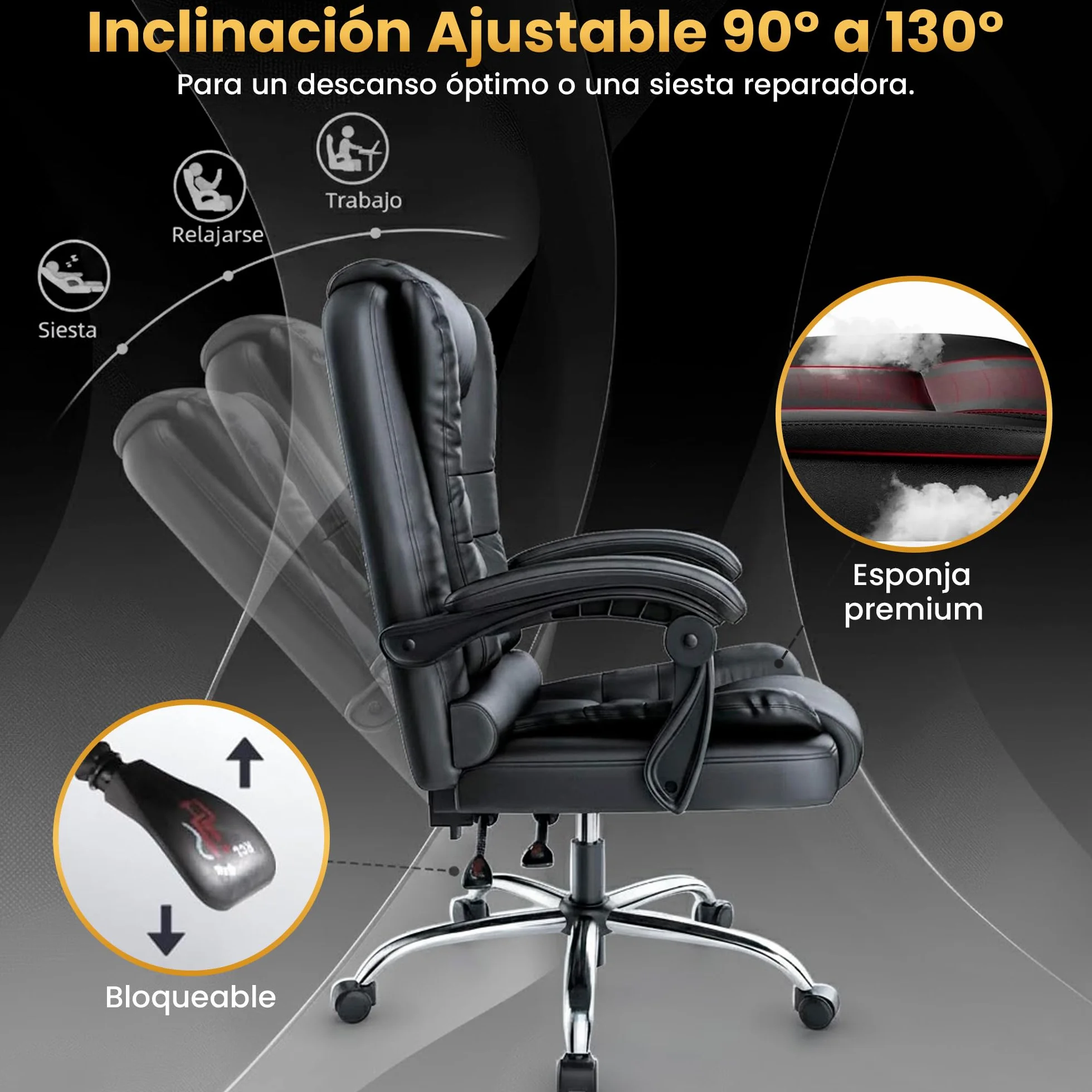 EveryKip Silla de Oficina Profesional con Respaldo Alto 360° Sillón Escritorio Reclinable Cojín Lumbar Altura Ajustable Negro