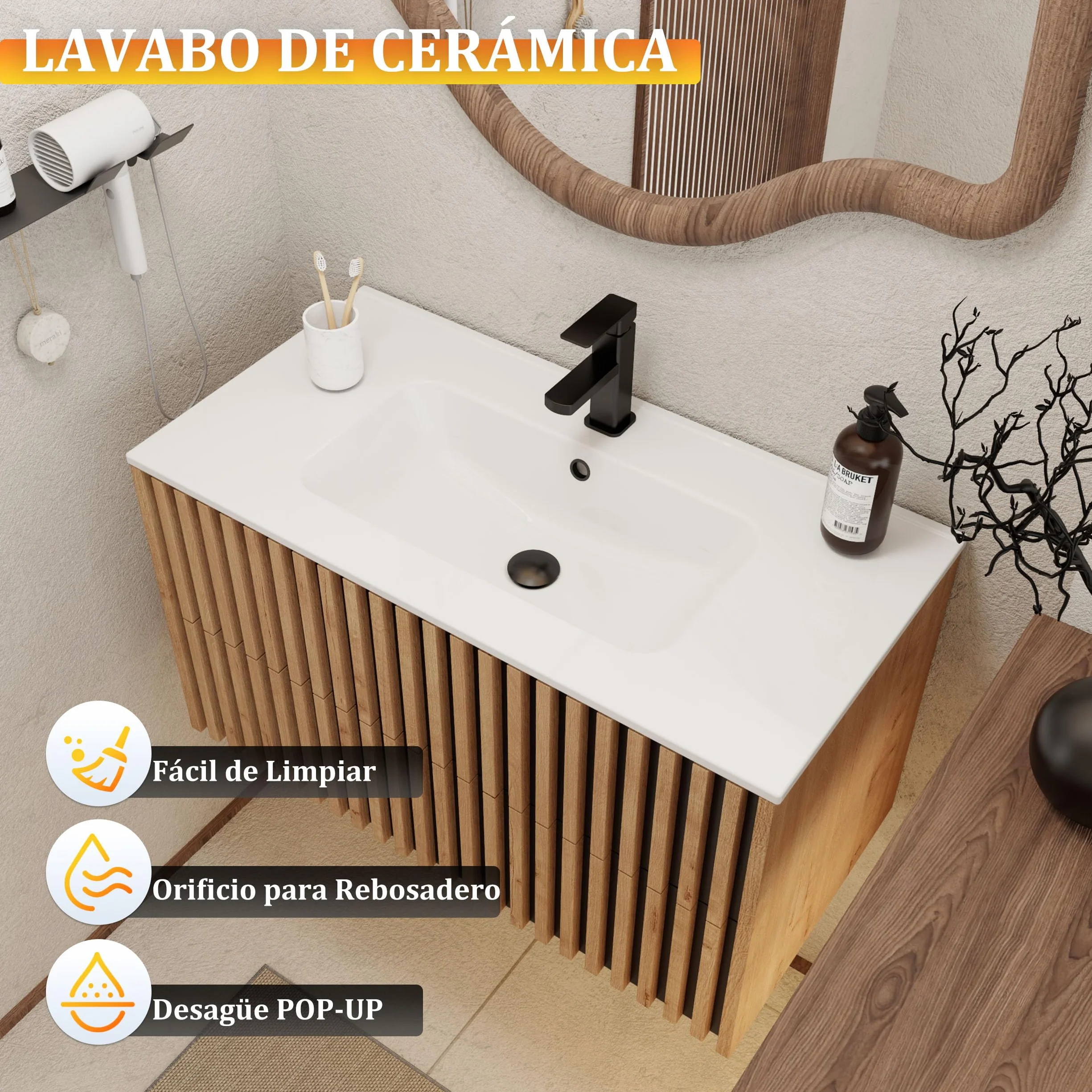 UEV 90CM Mueble de Baño Suspendido con Lavabo de Cerámica, Mueble Lavabo Incluido con 2 Cajones para Almacenaje, Moderno y Práctico, Natural