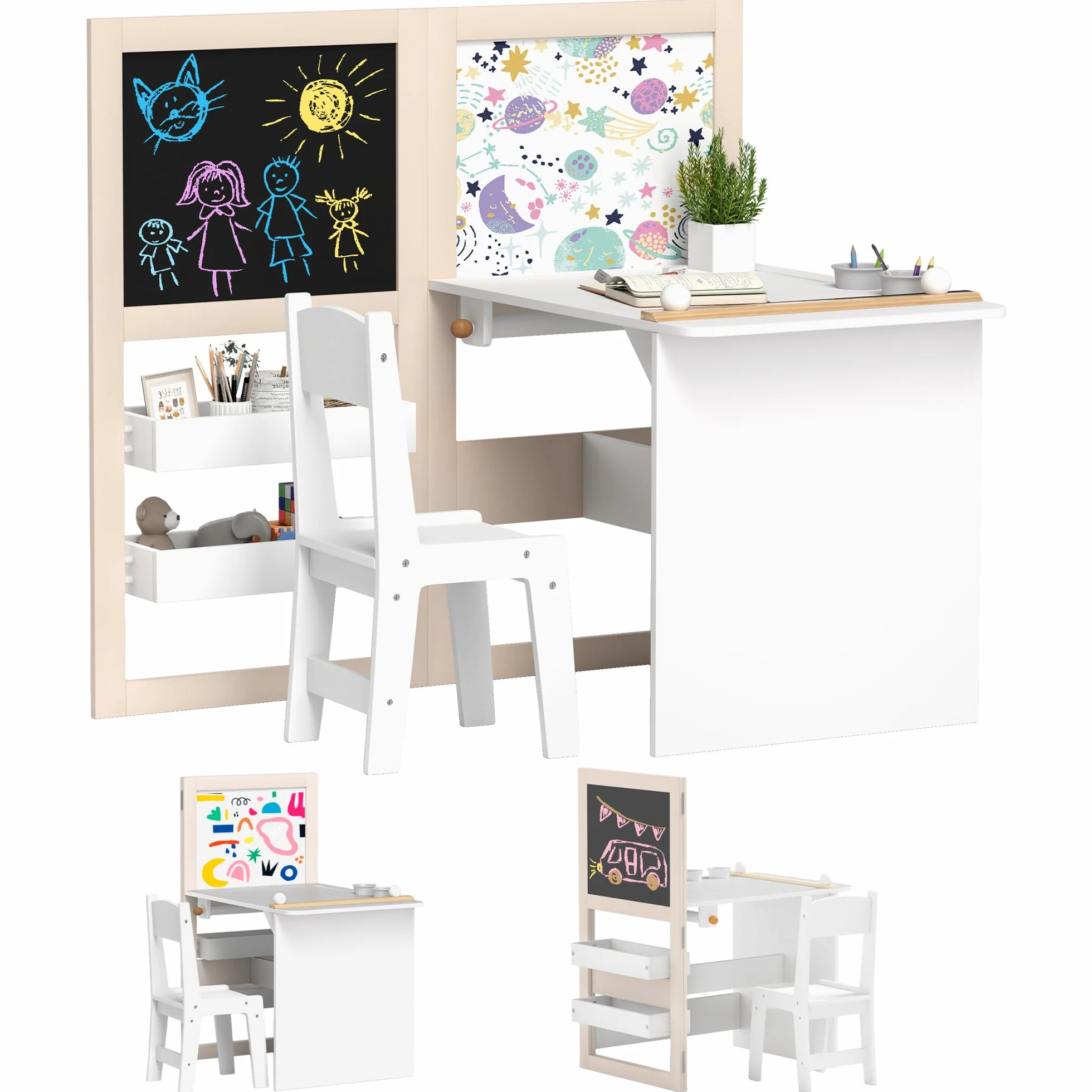 AIYAPLAY Mesa y Silla Infantil de 2 Piezas Plegable para Niños +3 Años con Estantes y Rollo de Papel Blanco