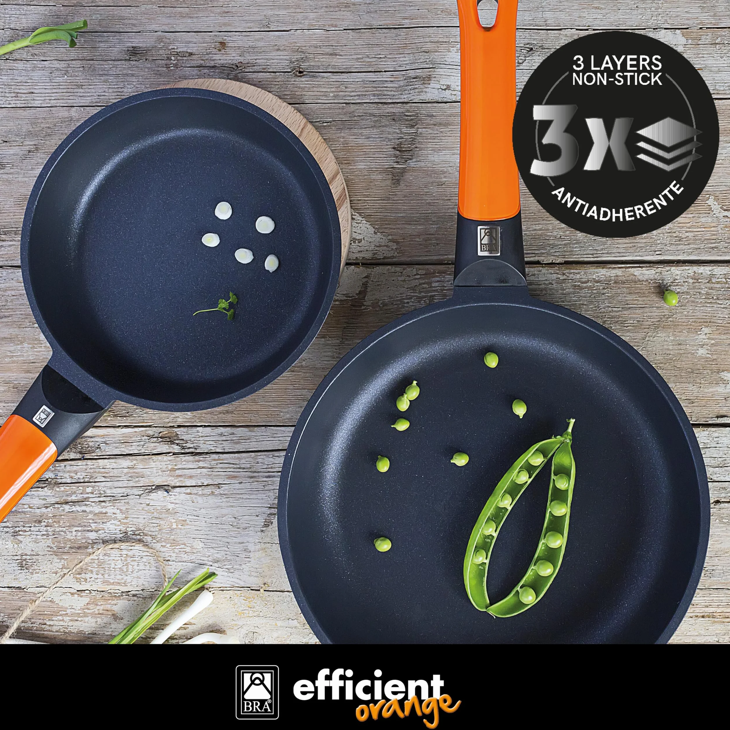 BRA Efficient Orange Set 3 Sartenes Aluminio Fundido 18 22 26 cm Antiadherente Libre PFOA