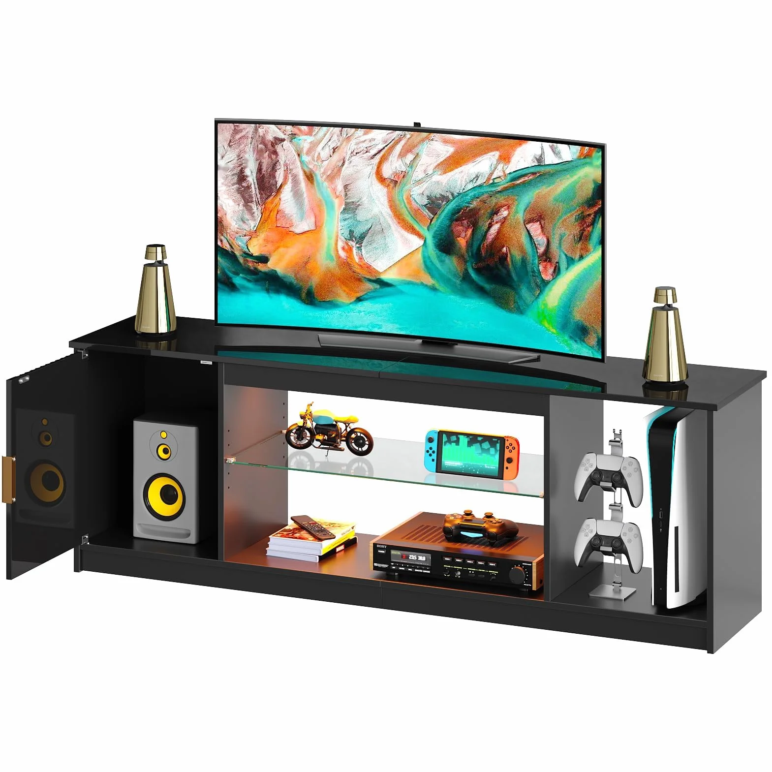 Bestier Mueble de TV para TV de 65 Pulgadas,Centro de Entretenimiento LED Gaming con Soporte Acanalado Brillante para PS5 y Xbox,Consola de TV con Estantes de Vidrio Ajustables,Negro Brillante