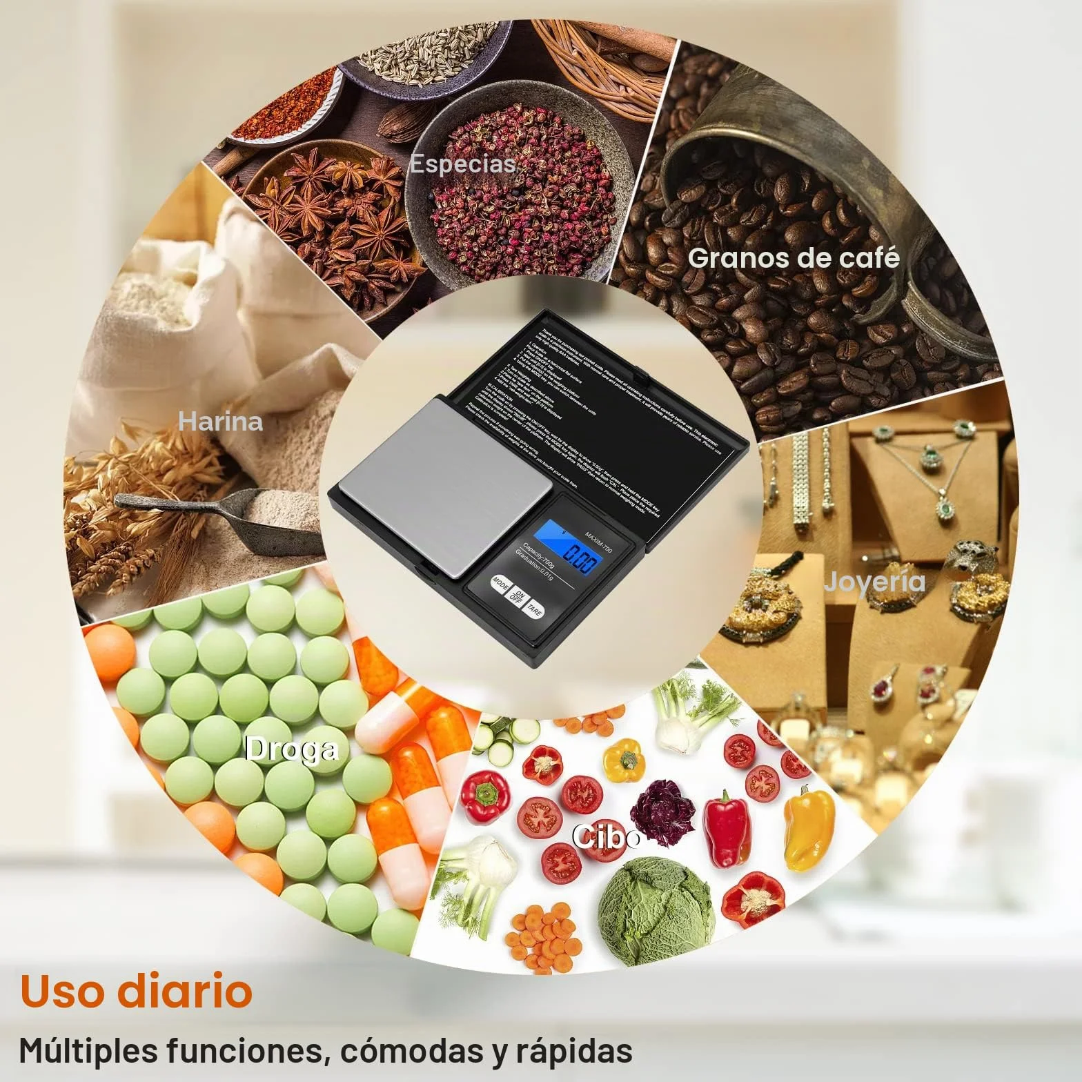 Vinabo Báscula de Alta Precisión 700g / 0.01g, Balanza de Alimentos Multifuncional, Función Tara, para Ingredientes, Cocina, Joyería, Negro