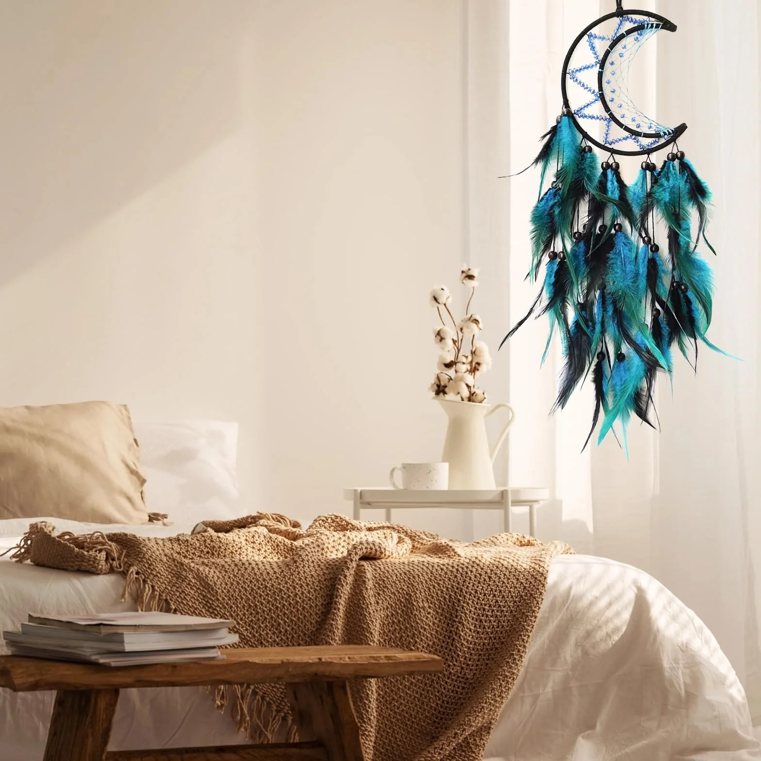 Atrapasueños de Luna para Colgar en la Pared del Dormitorio,diseño de Plumas Negras y Azules,decoración del hogar,Adornos para Colgar en la Pared del hogar,Regalo para Adultos,niños(Azul y Negro)