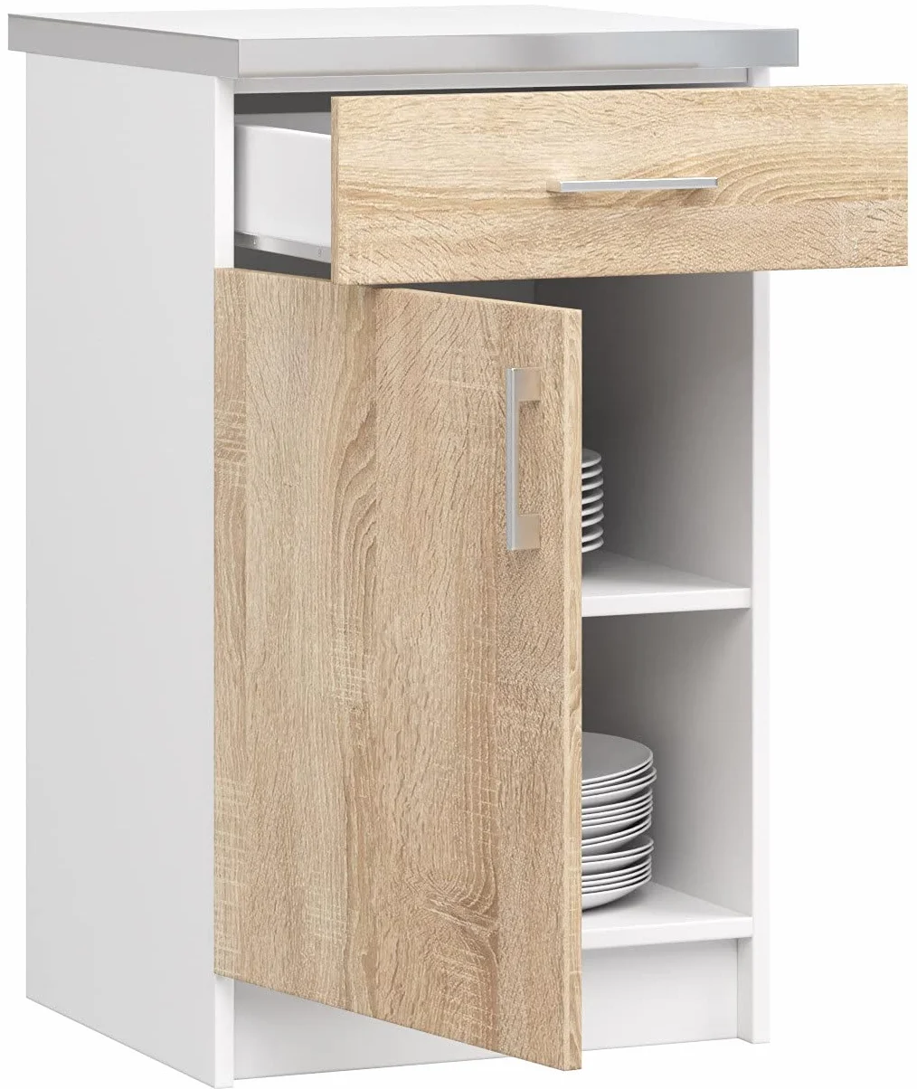 AKORD Mueble de Cocina S50 con encimera Lima Blanco, 50 cm, 1 Puerta, 1 cajón, Roble Sonoma, Mate, 2 estantes, 50x44,5x82 cm