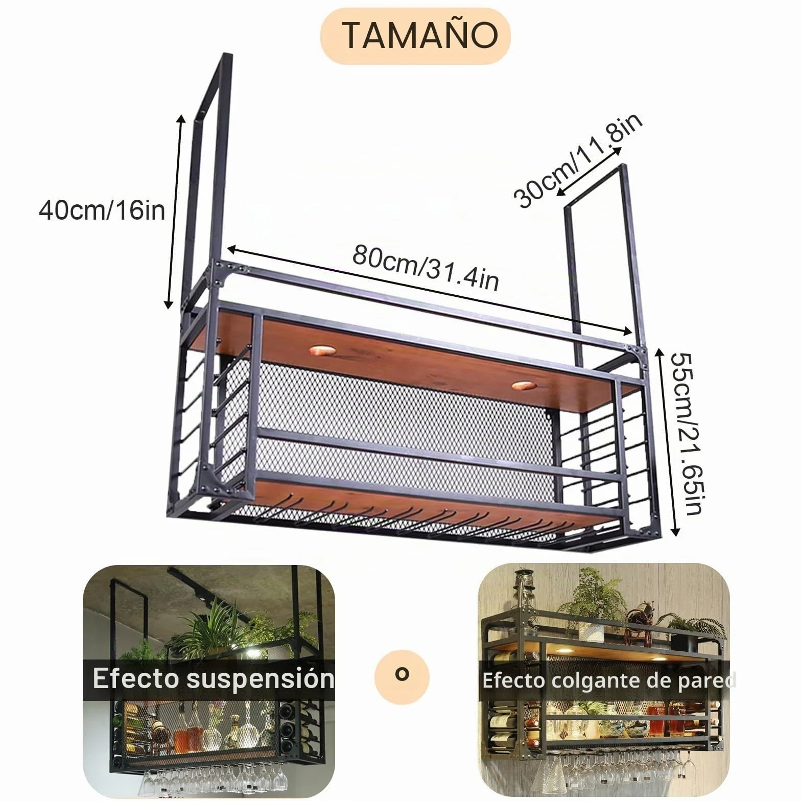 Estante de Techo, botellero Colgante de Gran Capacidad, se Puede Colgar o Montar en la Pared, botellero Simple con luz, Adecuado para Bares, restaurantes (80 * 30 * 55+40cm)