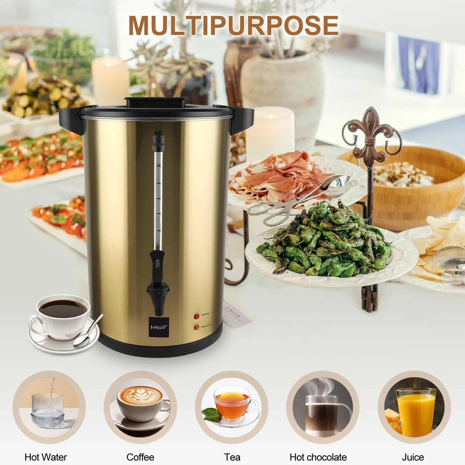 Valgus Cafetera Percoladora 55 Tazas 8L Acero Inoxidable Doble Pared Comercial