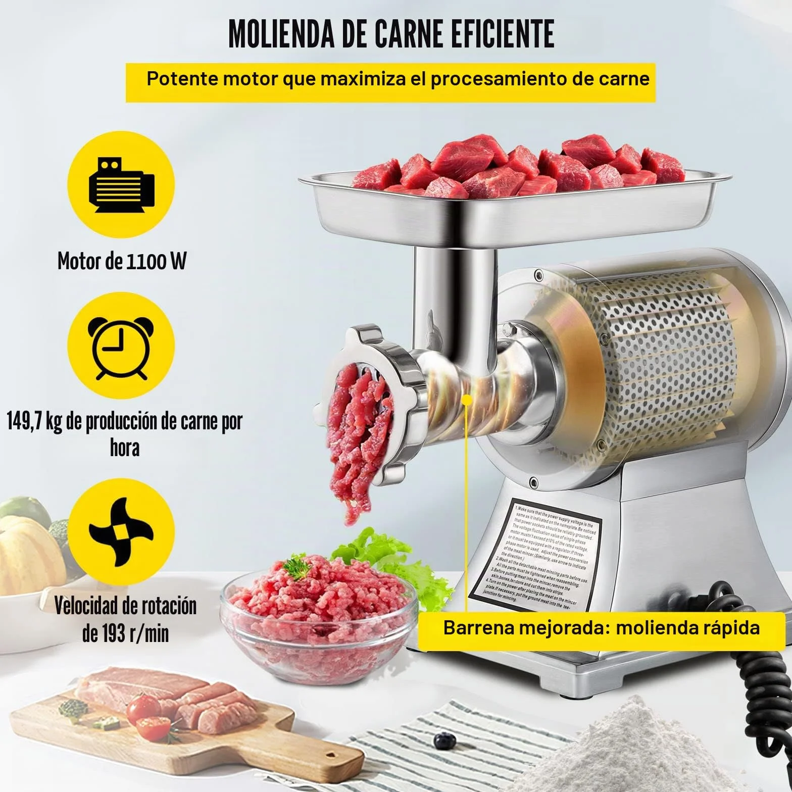 VEVOR Picadora de carne eléctrica 1100 W, capacidad 250kg/h, triturador de carne comercial, material de acero inoxidable para restaurantes supermercados tiendas de restauración rápida carnicerías