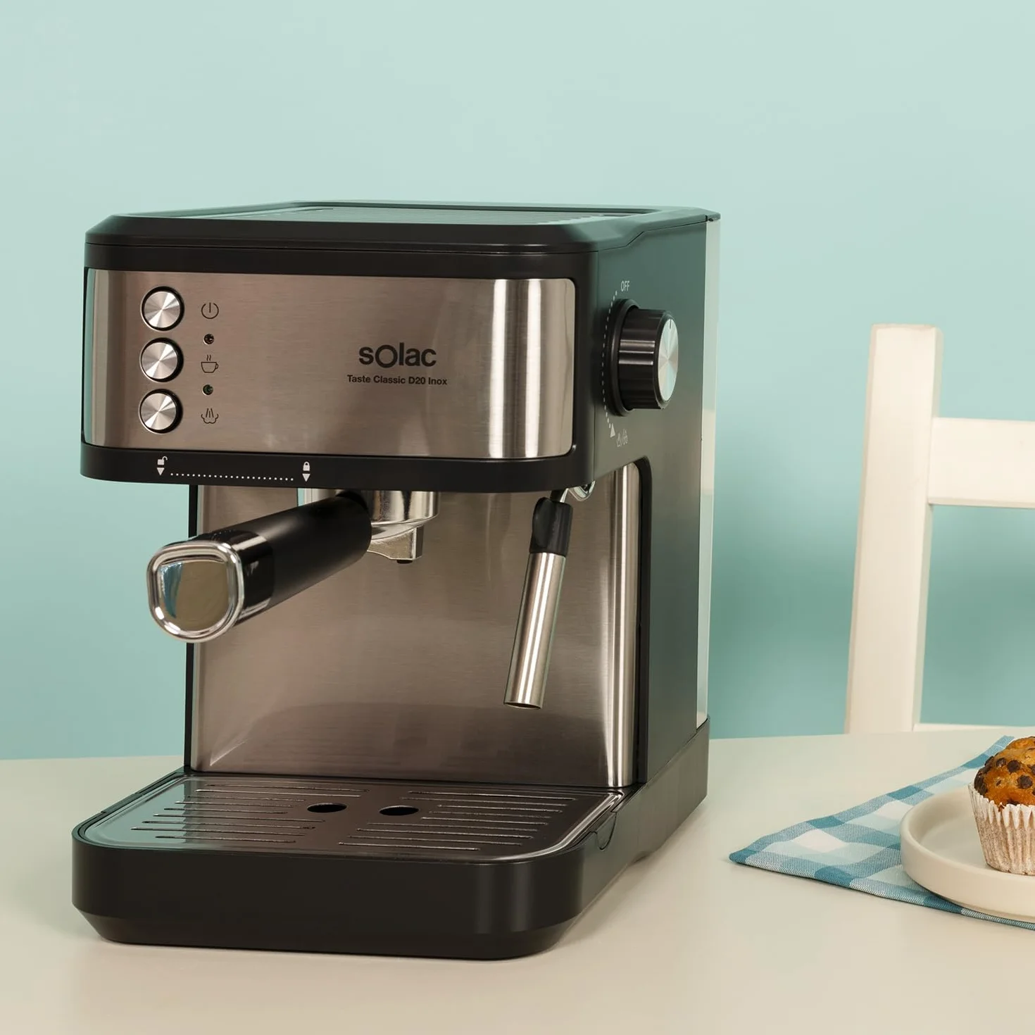 Solac – Cafetera Espresso Taste Classic | 850W | Presión 20 bares | Depósito 1,8L | Brazo 1 y 2 salidas | Vaporizador | Superficie Calienta tazas | Apagado automático