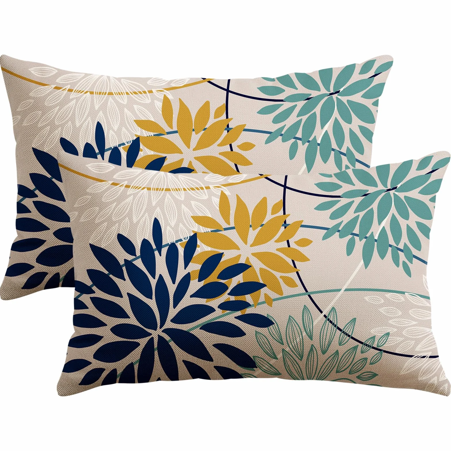 Artscope Funda de Cojín Decorativo 40 x 60 cm Flores Azul Amarillo Lino Geométrica