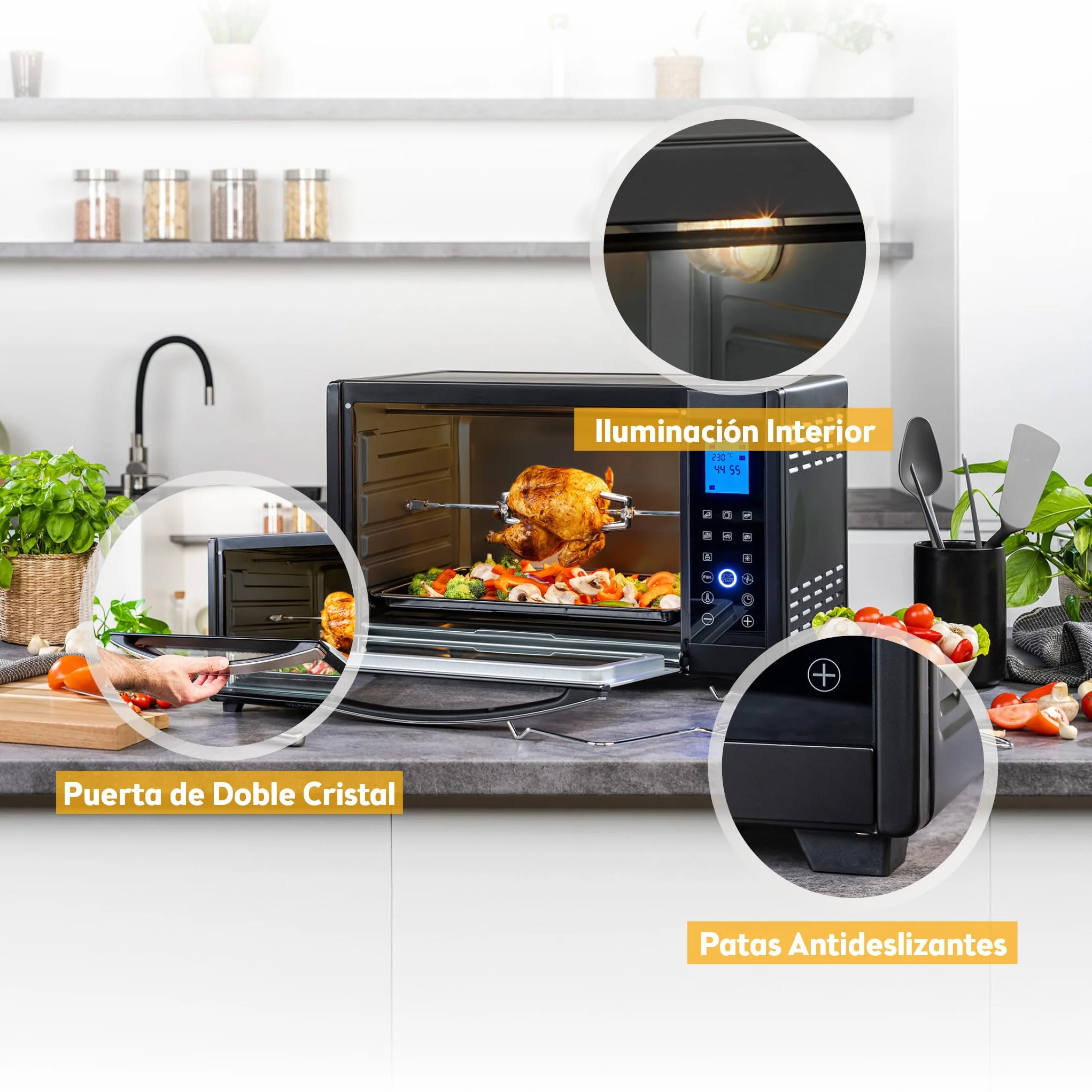 TZS First Austria Mini Horno 45L 2000W con Premium-X Coating – Minihorno Digital hasta 230°C & 4 Alturas – Temporizador de 180 Min & 8 Modos – Incl. Asador Giratorio – Para cocinas pequeñas & camping