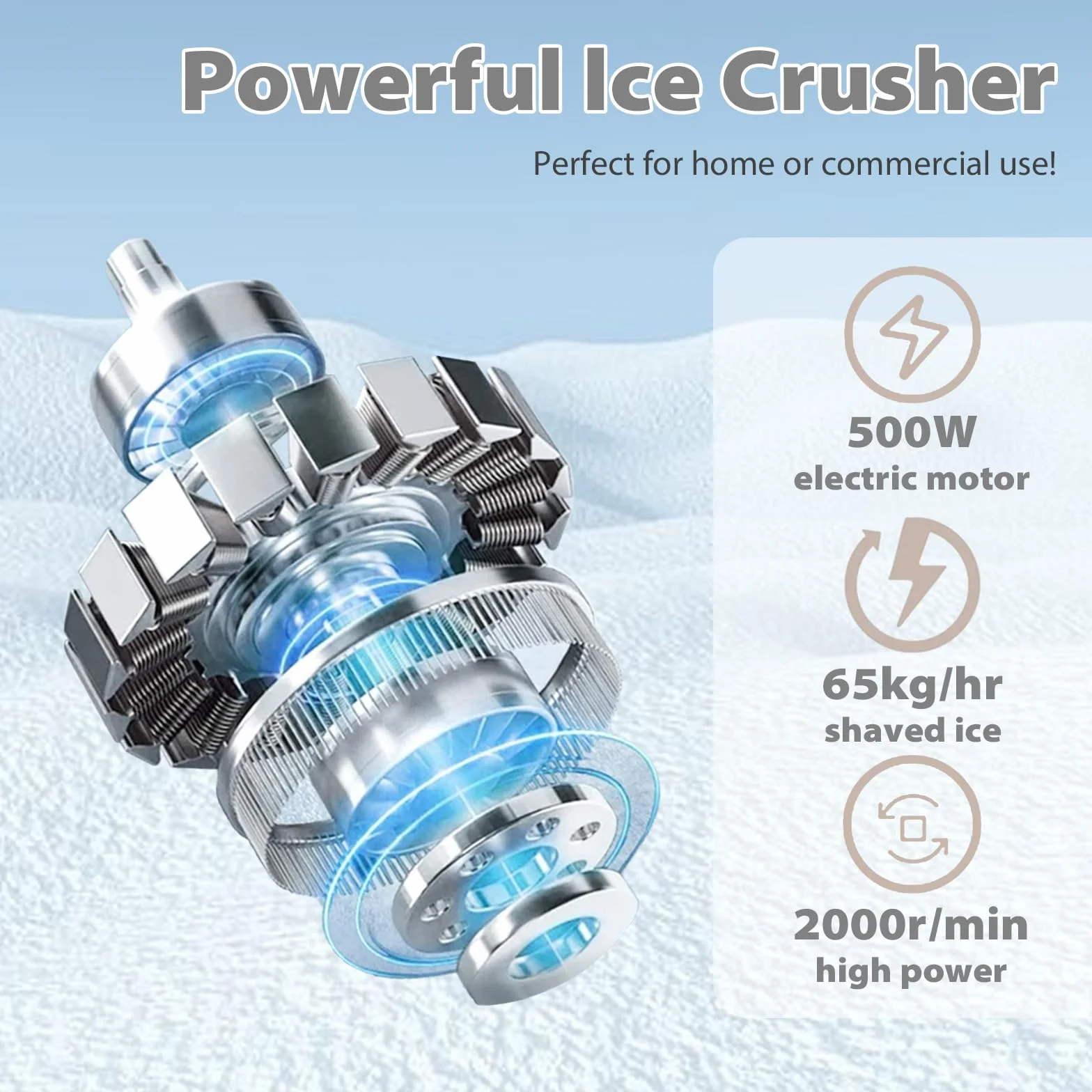 Trituradora de Hielo Eléctrica 500 W 65 kg/h Acero Inoxidable 4 Cuchillas