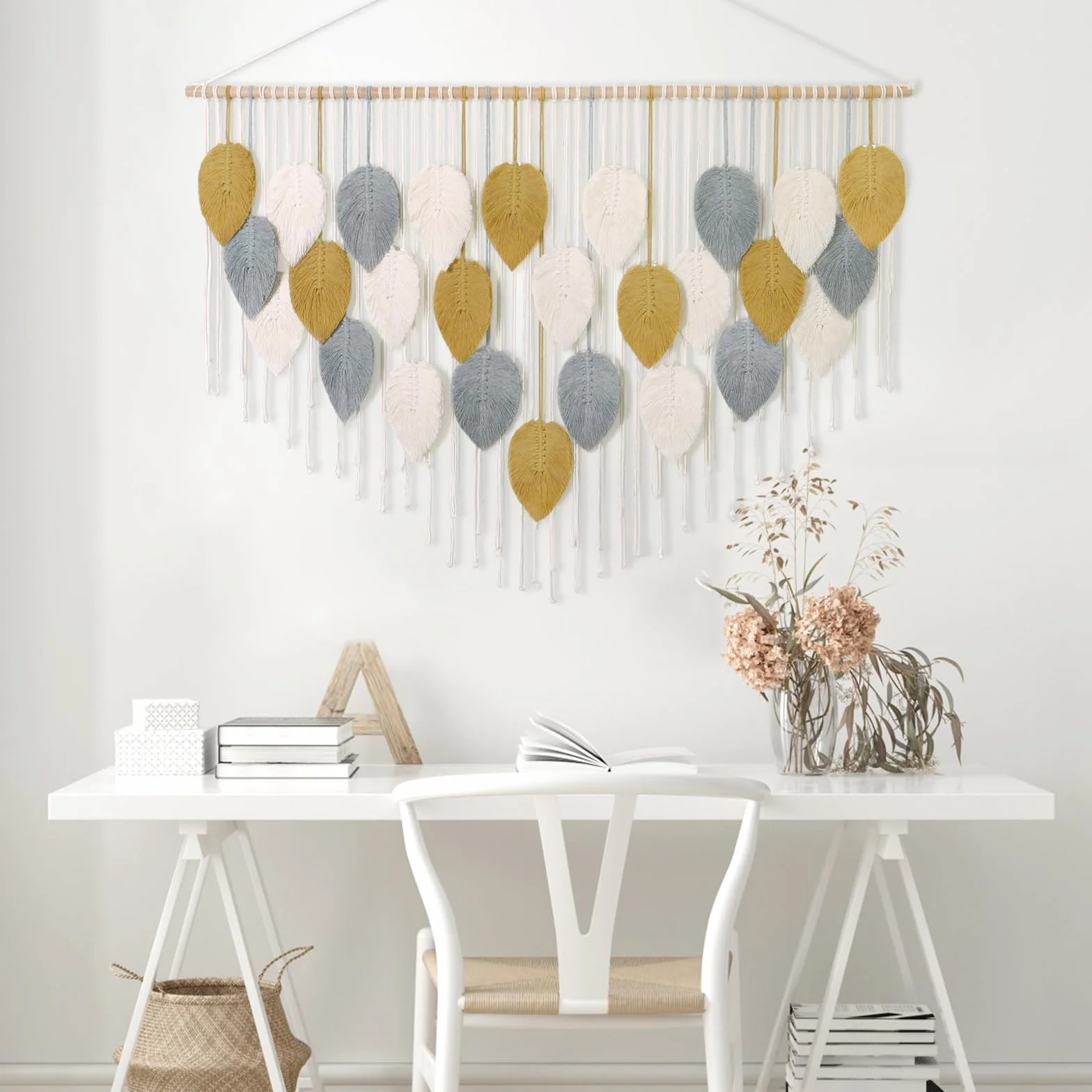Macramé Tapiz Grande Tejido Boho Hoja Decoración de Pared 130 cm Amarillo