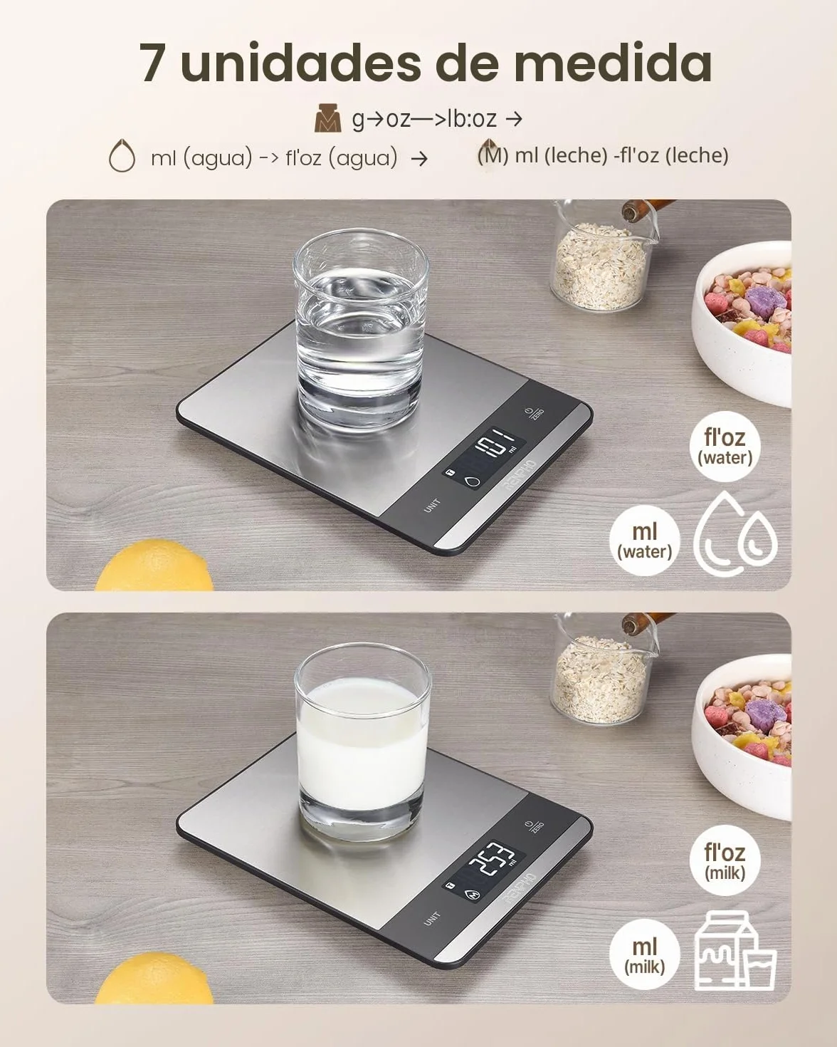 RENPHO Bascula Cocina Acero Inoxidable con 7 Unidades, Alta Precisión Balanza Peso de Cocina Digital, Bascula Comida para Hornear, Cocinar, Pantalla LCD, Batería Incluida