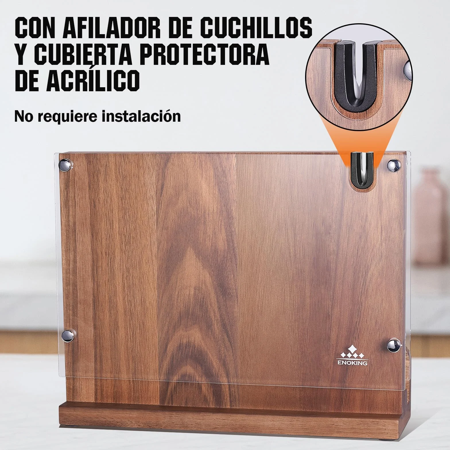 ENOKING Porta Cuchillos Magnético con Afilador, Soporte Doble Lado con Escudo Acrílico, Organizador de Madera de Acacia