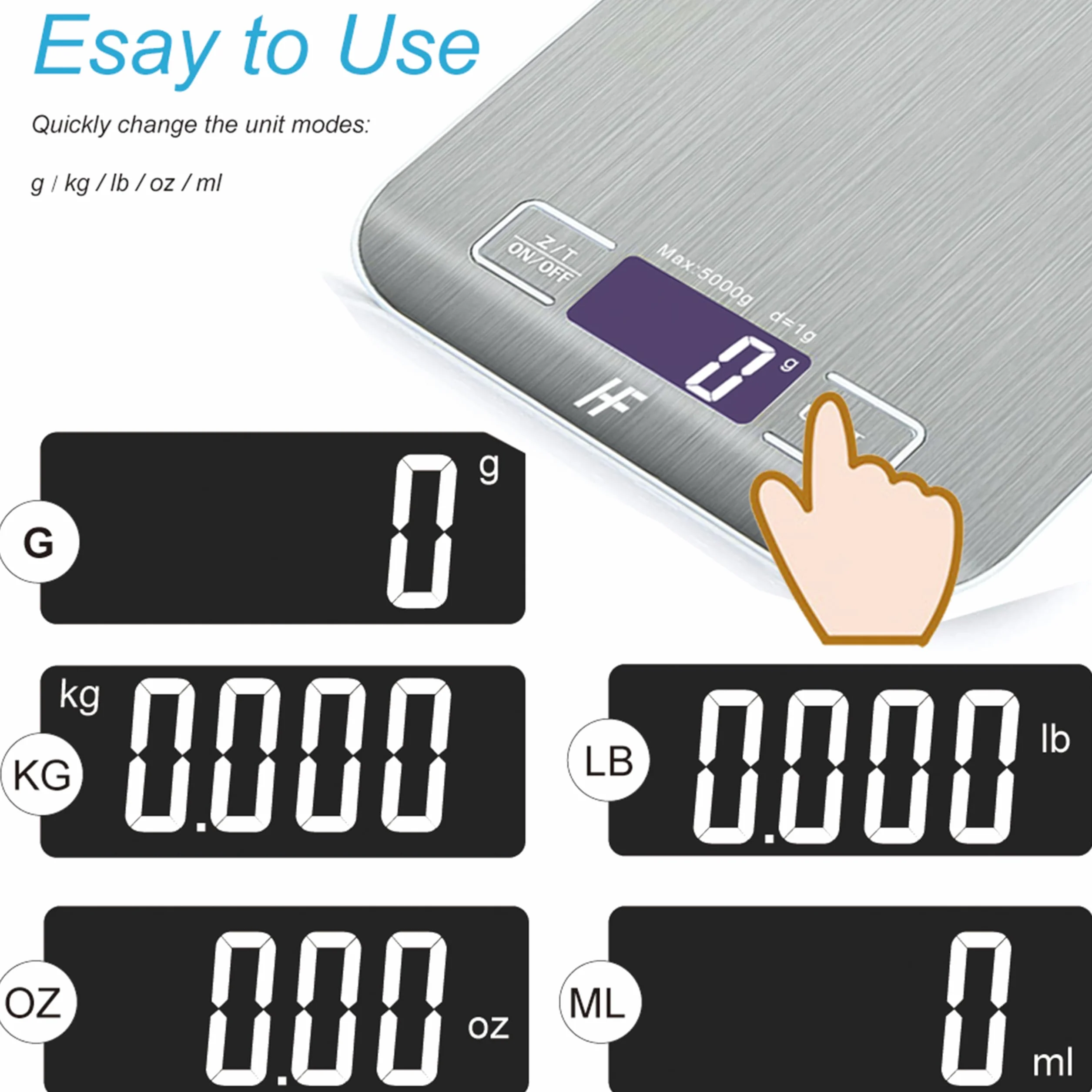 HomeFashion Báscula de Cocina Digital Acero Inoxidable 5 kg/11 lbs Pantalla LCD