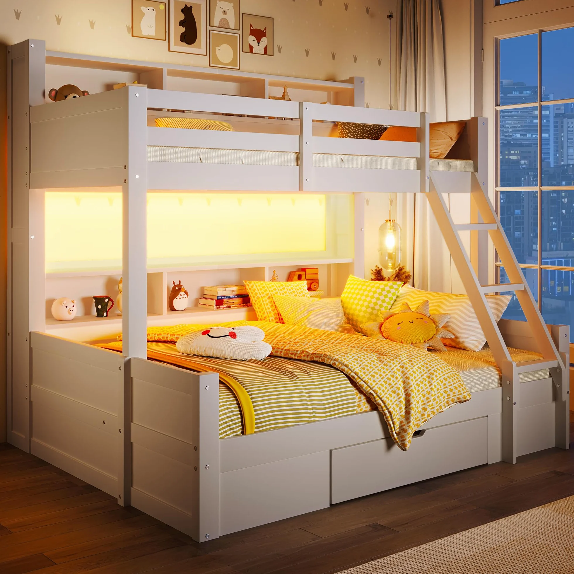 Litera de 90(140) x200 cm con Luz LED y Compartimentos Abiertos, Cama Litera Matrimonio con Cajón y Escalera, Cama Infantil Literas Infantiles con Barandilla Anticaída, Sin Colchón, Blanco