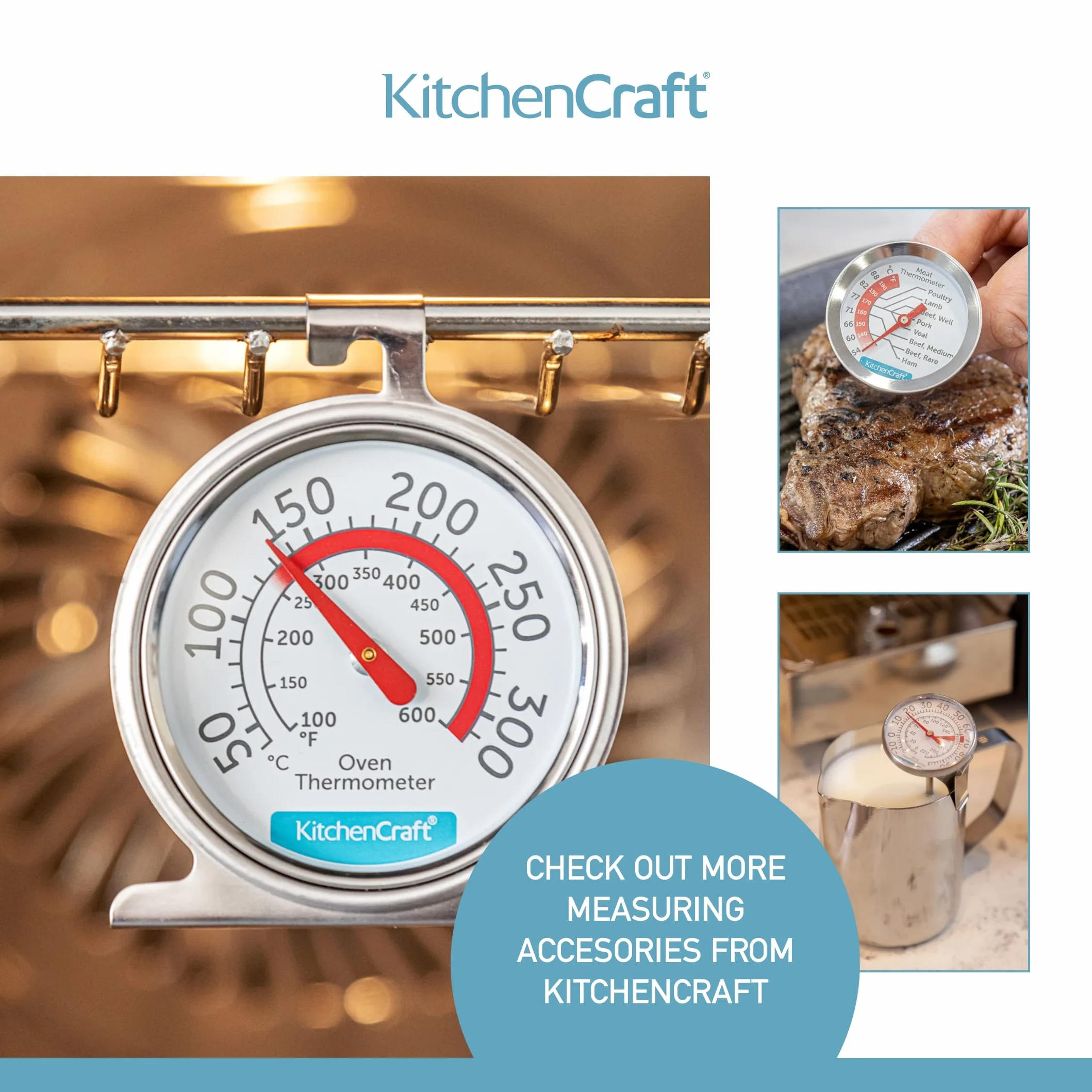 Kitchencraft Termómetro para horno 50ºC a 300ºC, Acero, Plateado, 4.3x6.6x8 cm, una unidad