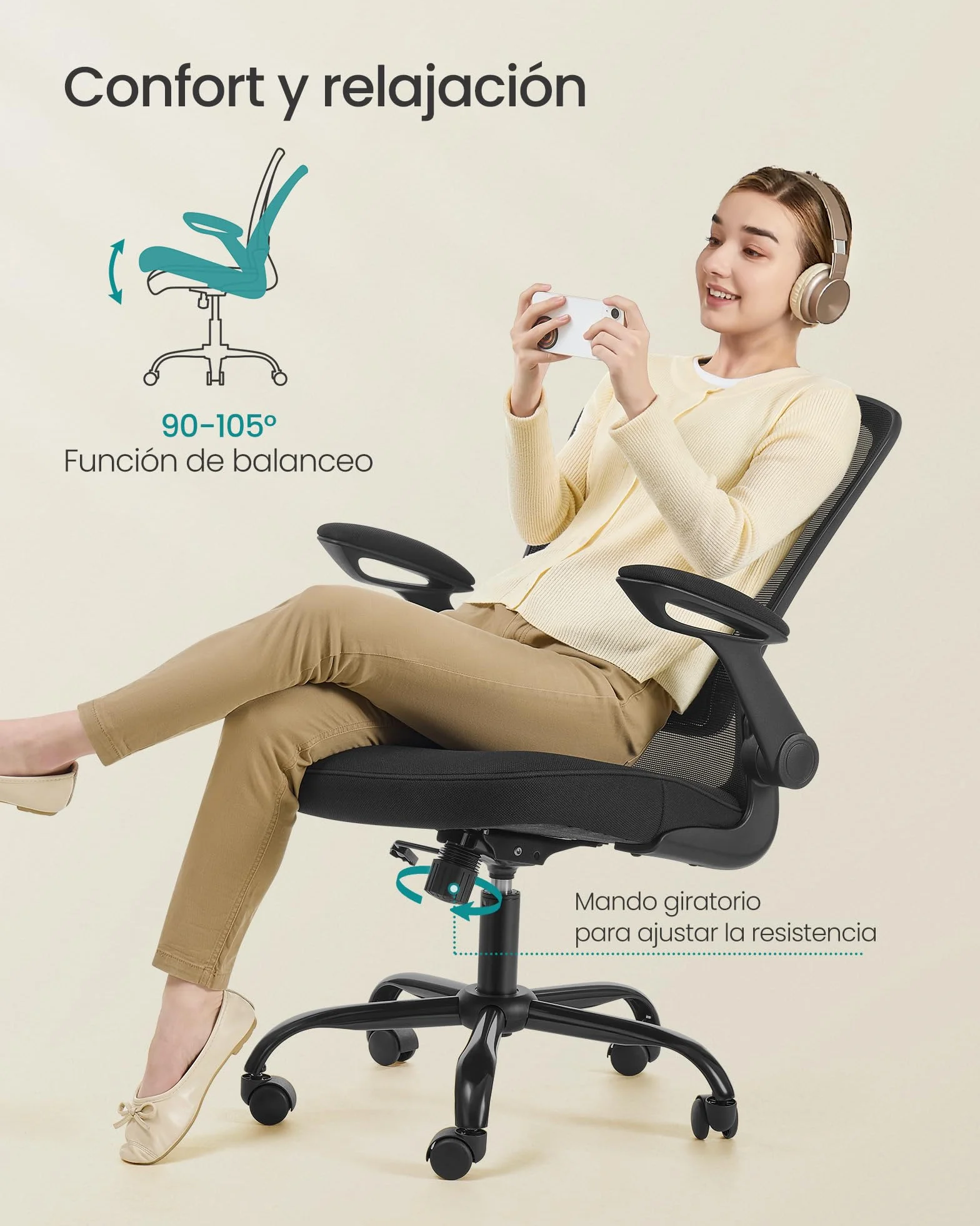 SONGMICS Silla de Oficina Ergonómica de Malla Giratoria con Soporte Lumbar, Asiento 53 cm, Apoyabrazos Abatibles, Negro