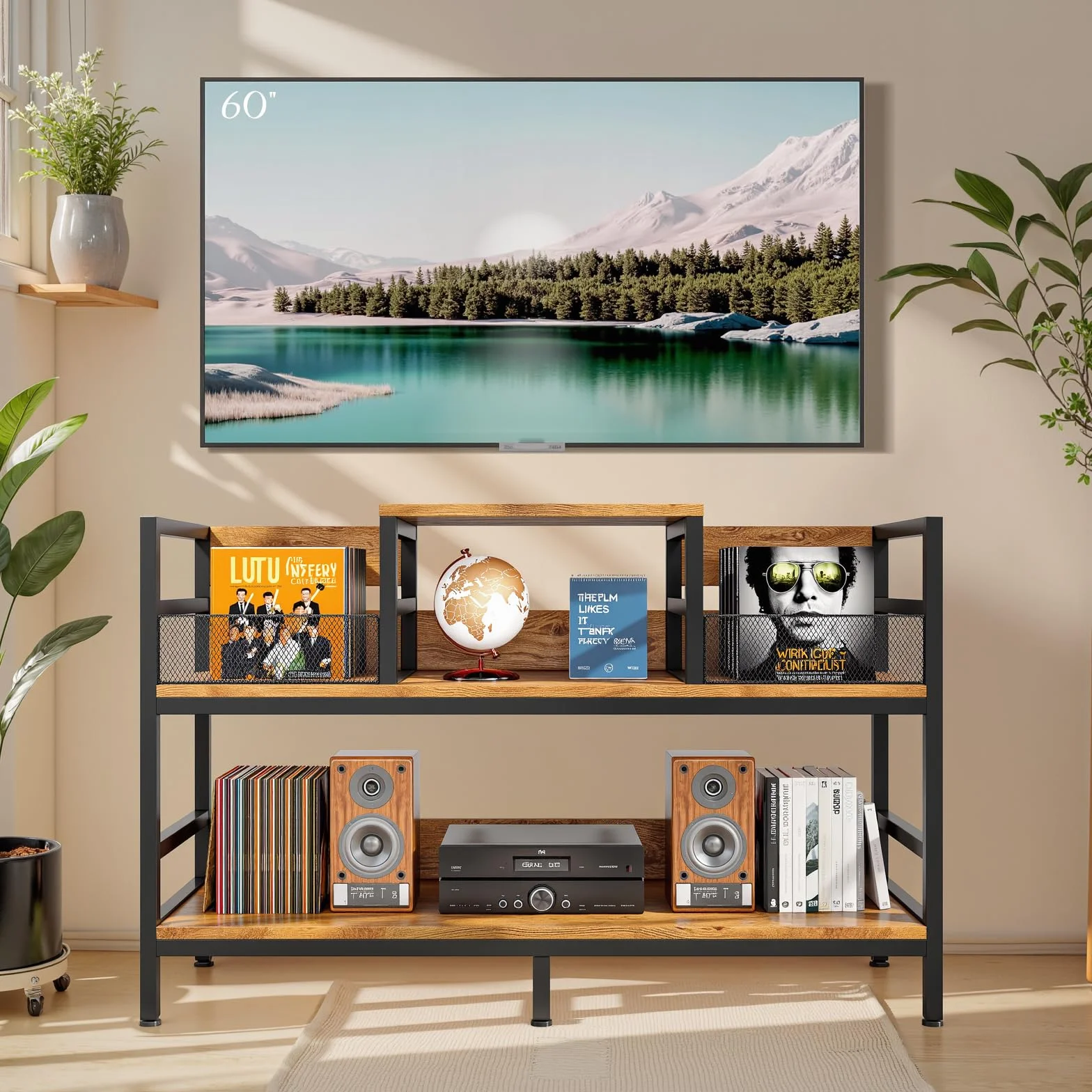 Mueble para Tocadiscos con Almacenamiento de Vinilos, Estantería Retro 3 Niveles, Capacidad 350 LPs, 116.5×37×77.5cm