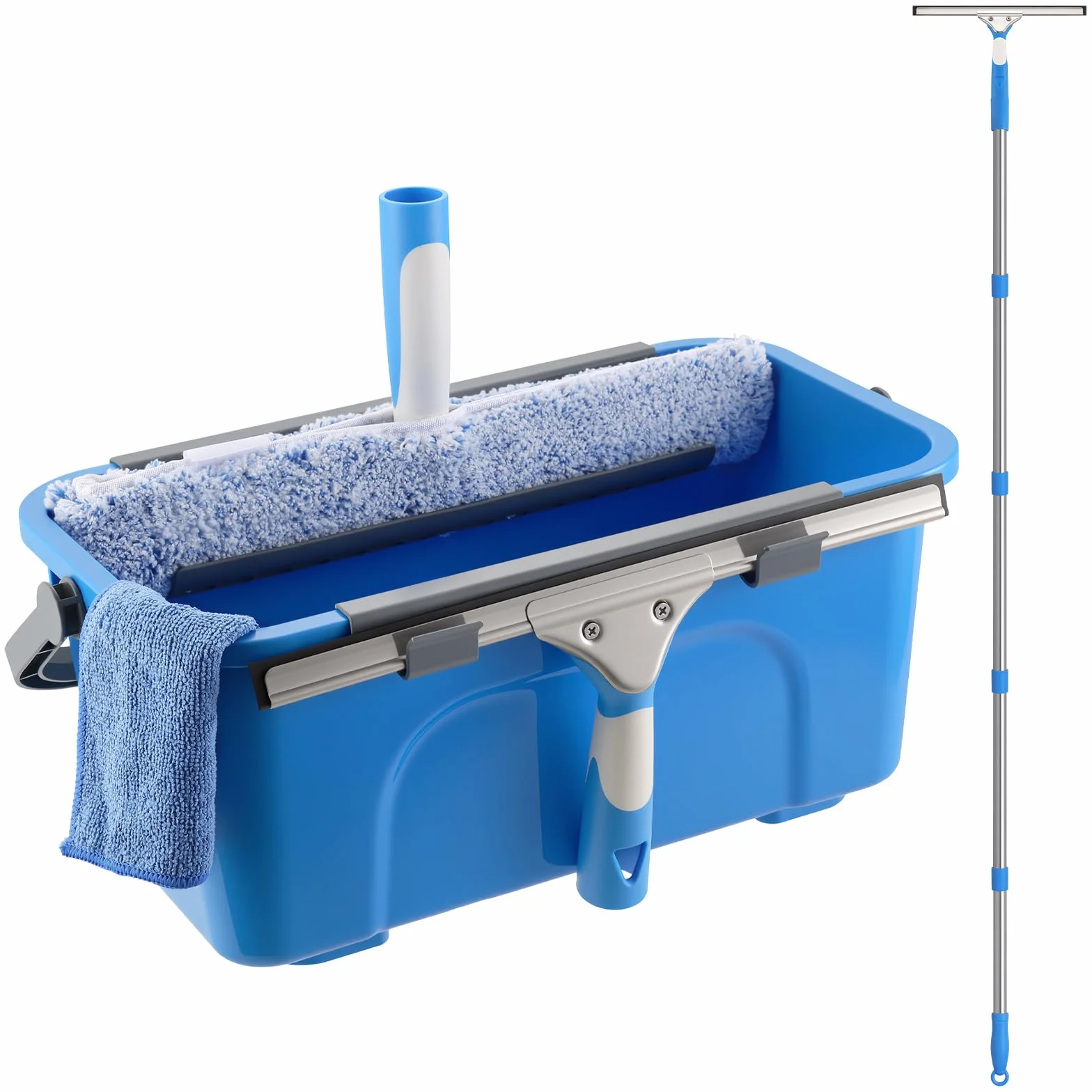 Mitclear Kit de Limpieza de Ventanas 8 Piezas, Cubo 12L, Escobilla Silicona 35CM, Rasqueta 35CM, Mango 196CM