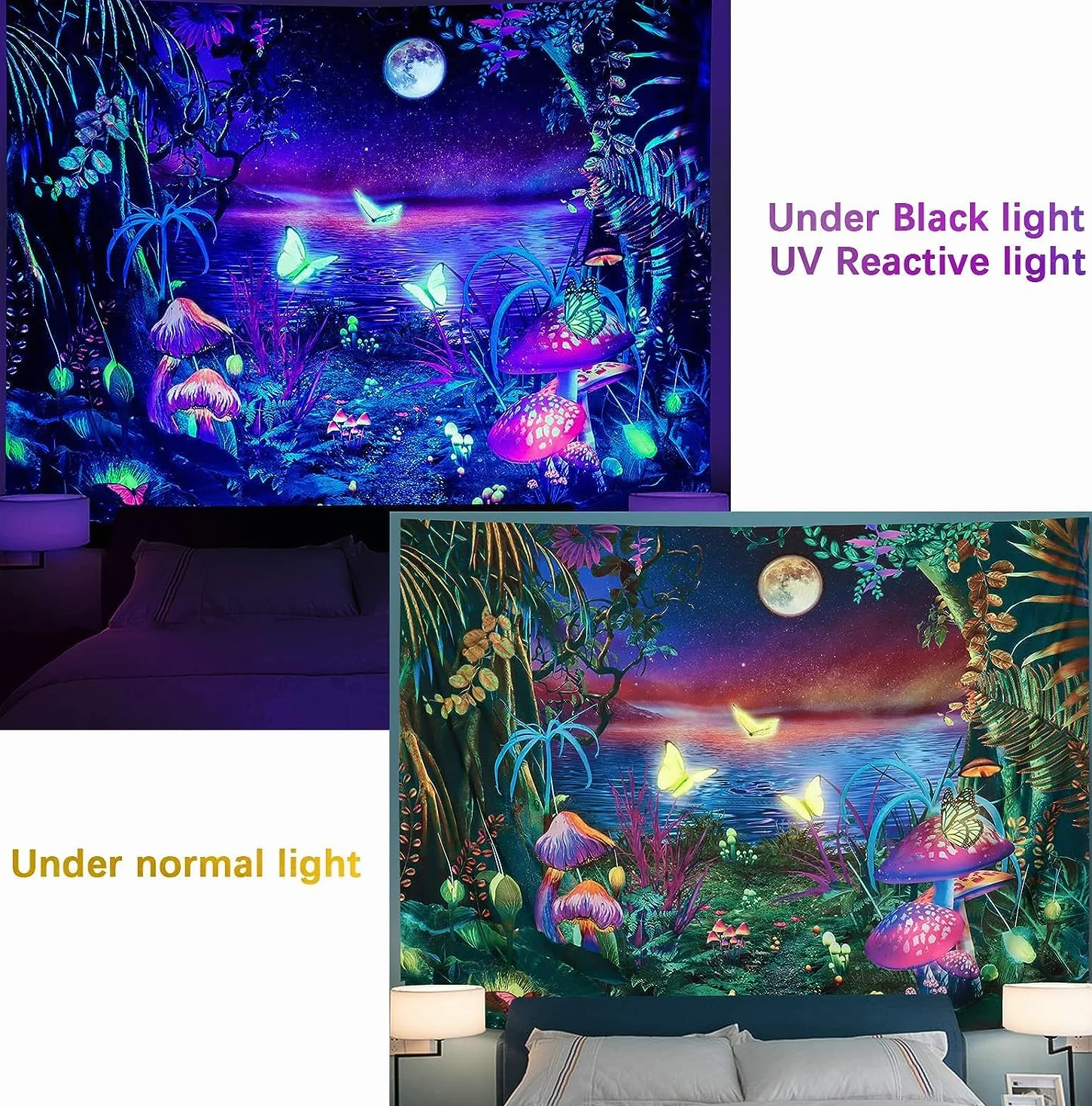 Ulticool Tapiz que Brilla en la Oscuridad Luz Negra Reactiva UV Setas Mariposas 200 x 150 cm