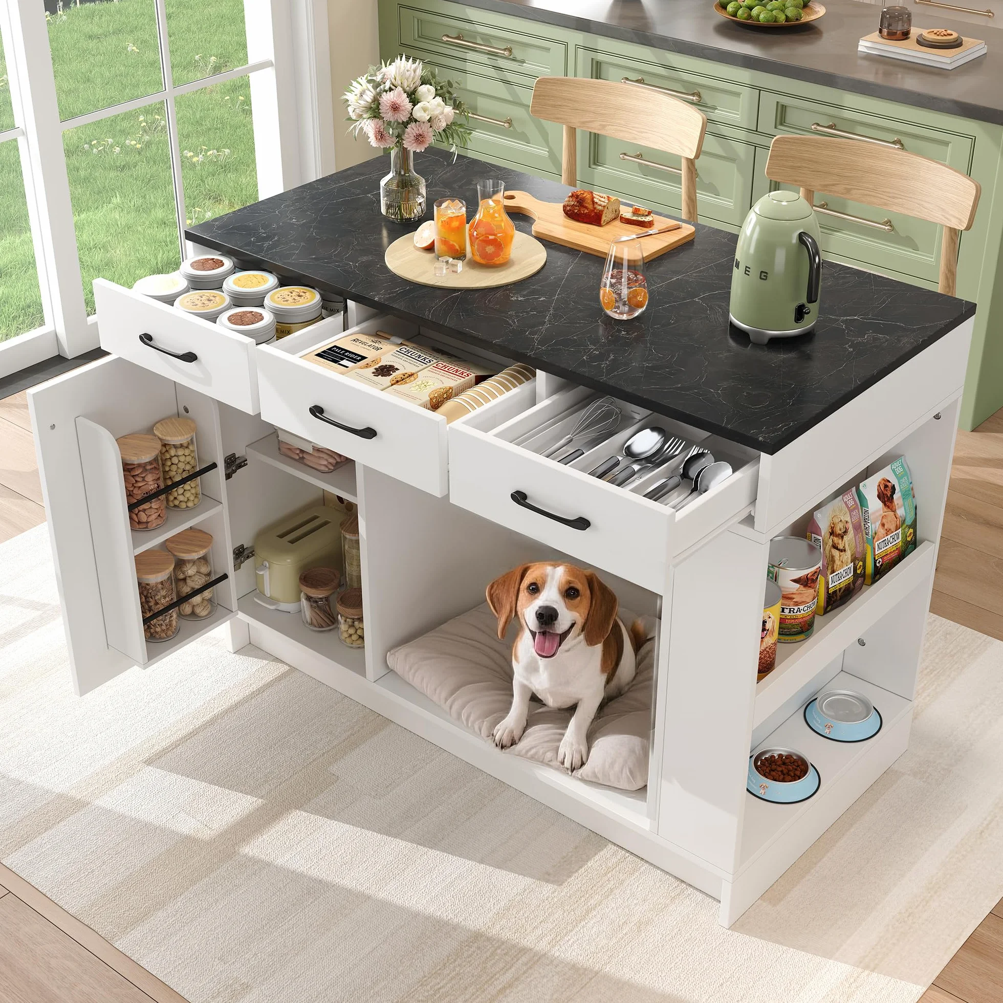 Soweiz Isla de cocina con cajón y estante para especias, blanco, 120 x 60 x 90 cm | Armario de cocina con zona para mascotas, carrito de cocina con zona de descanso para mascotas