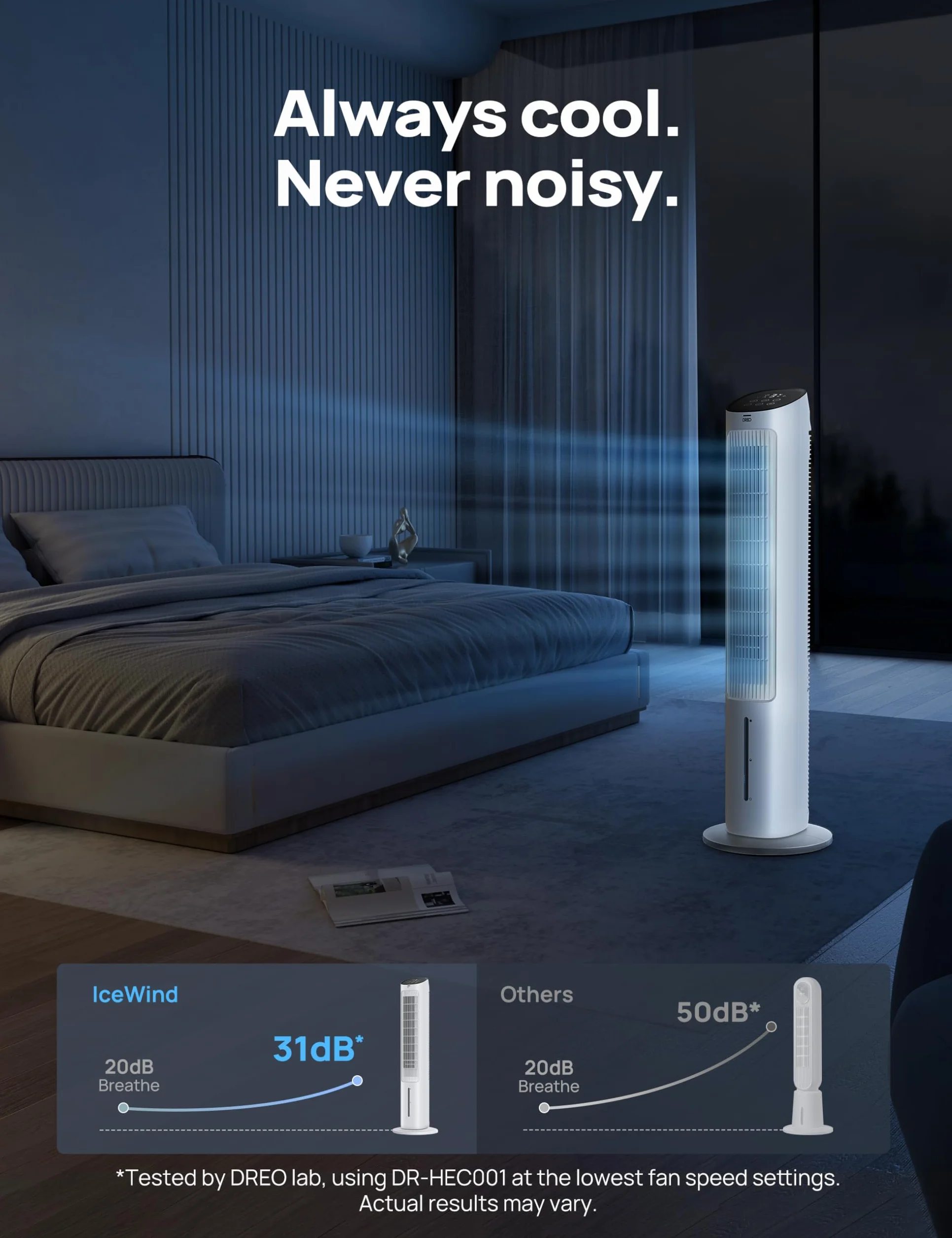 DREO Ventilador de Torre con Refrigeración, ventilador silencioso con enfriamiento por agua, enfriador evaporativo de 40 pulgadas, oscilación 80°, 3 modos, 4 velocidades, mando a distancia
