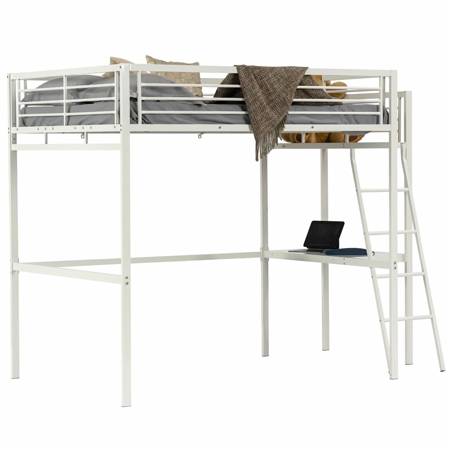 MEUBLE Cosy Literas Juveniles Cama Alta Estructura de Metal Doble 140 x 190 cm con Escalera y Escritorio para niños, Adolescentes y Adultos, Estilo Industrial, Blanco