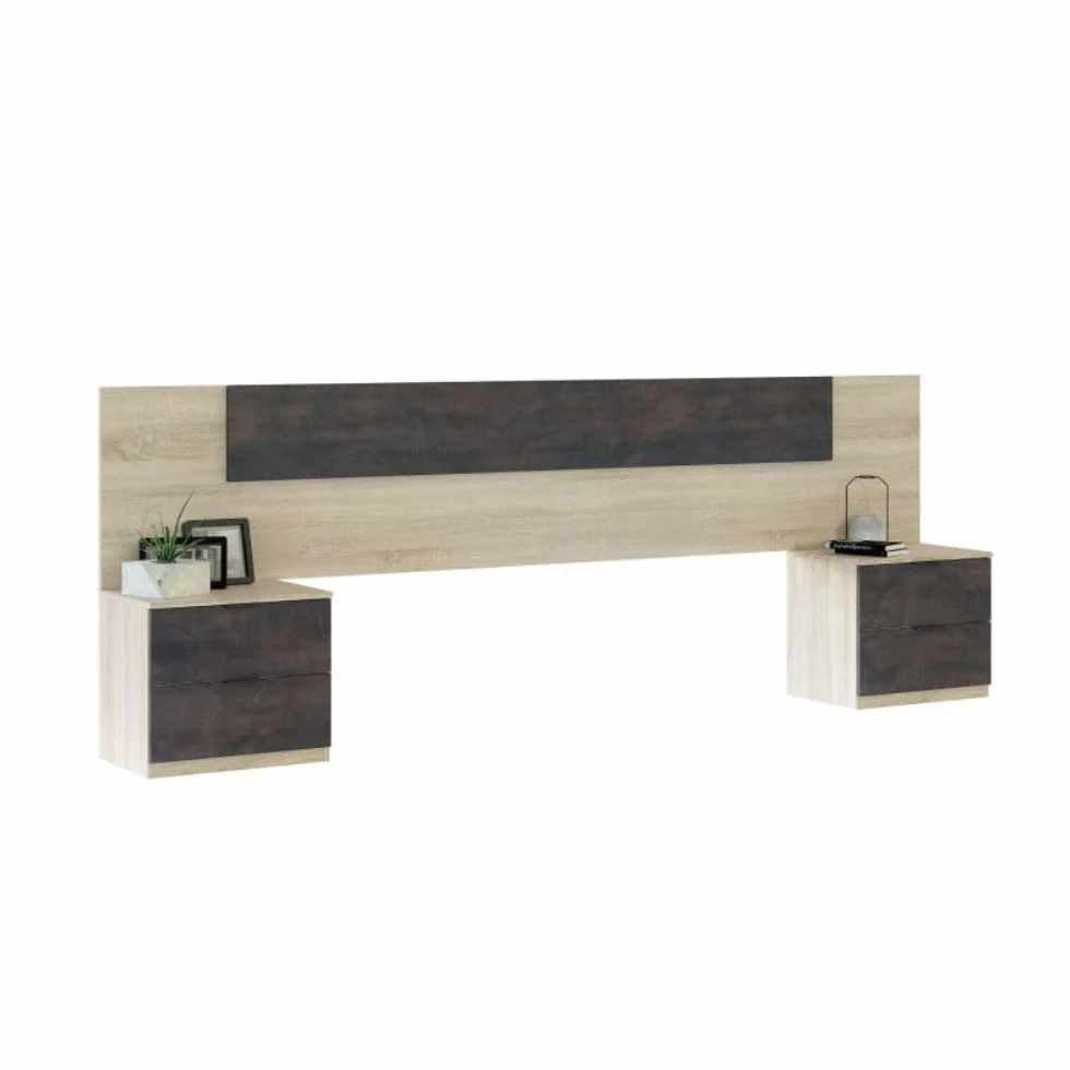Mobelcenter, Conjunto Dormitorio Matrimonio Oxido, Color Roble Canadian y Oxido, Cabezal para Camas de 135 y 150 cm, 2 Mesitas de 3 cajones, Armario 3 Puertas 3 Cajones y Cama con 4 cajones (P0021)