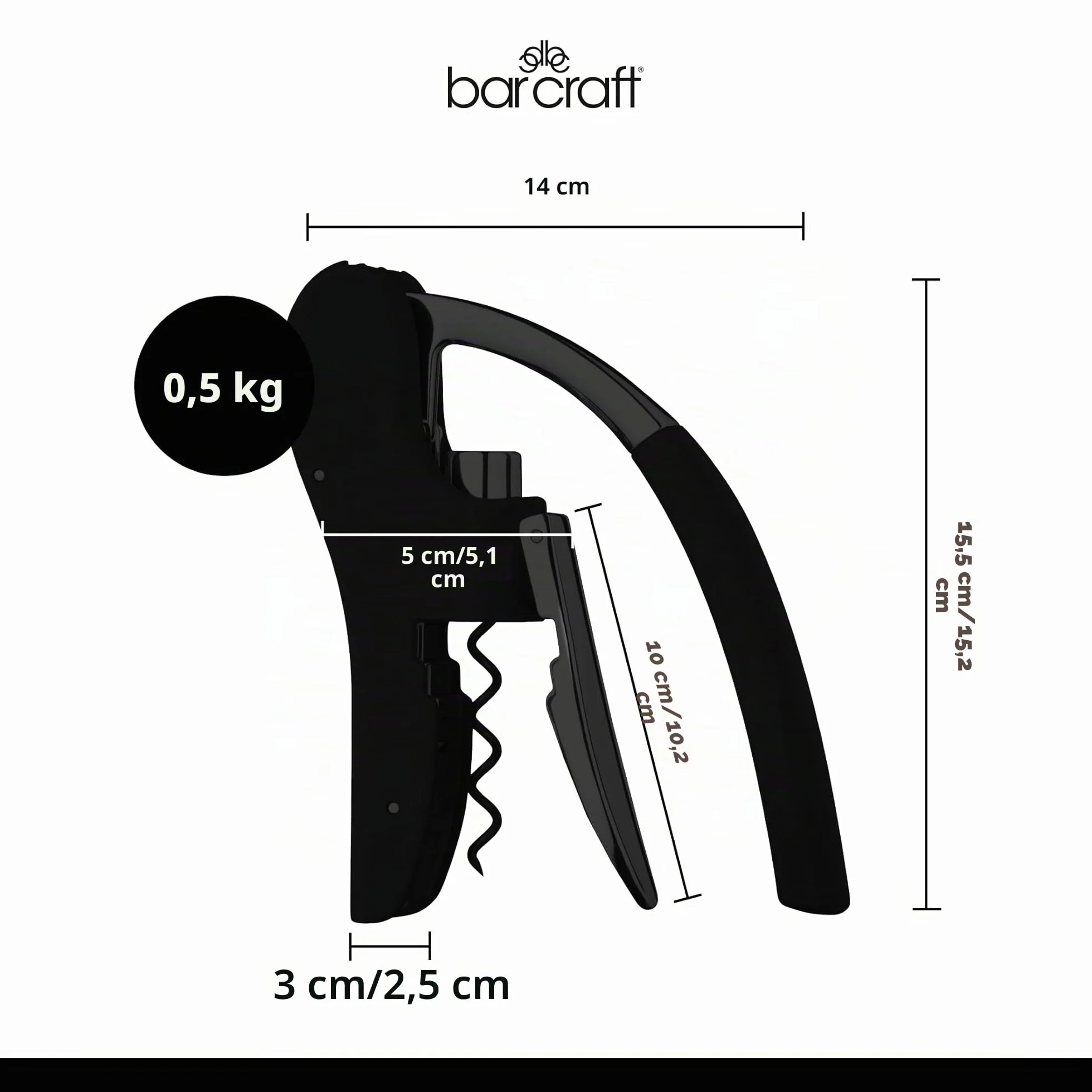 BarCraft Sacacorchos de Lujo Abridor de Botellas Vino Cortador Lámina Integrado Negro Cromado