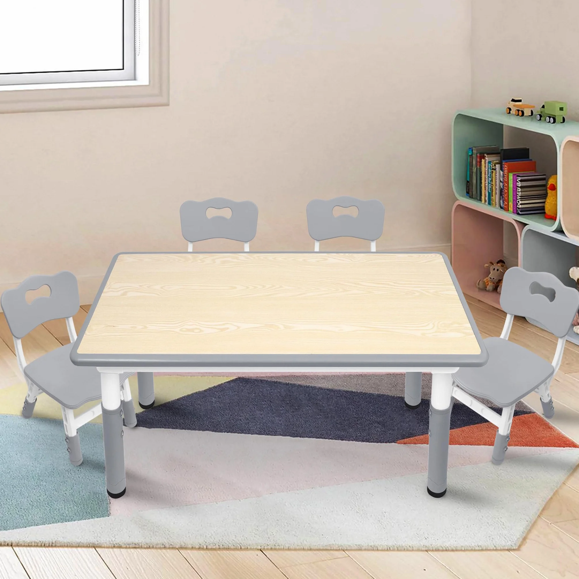 UISEBRT Mesa infantil con 4 sillas, grupo de asientos para niños a partir de 2 años, juego de mesa de plástico para guarderías y habitaciones infantiles, color gris