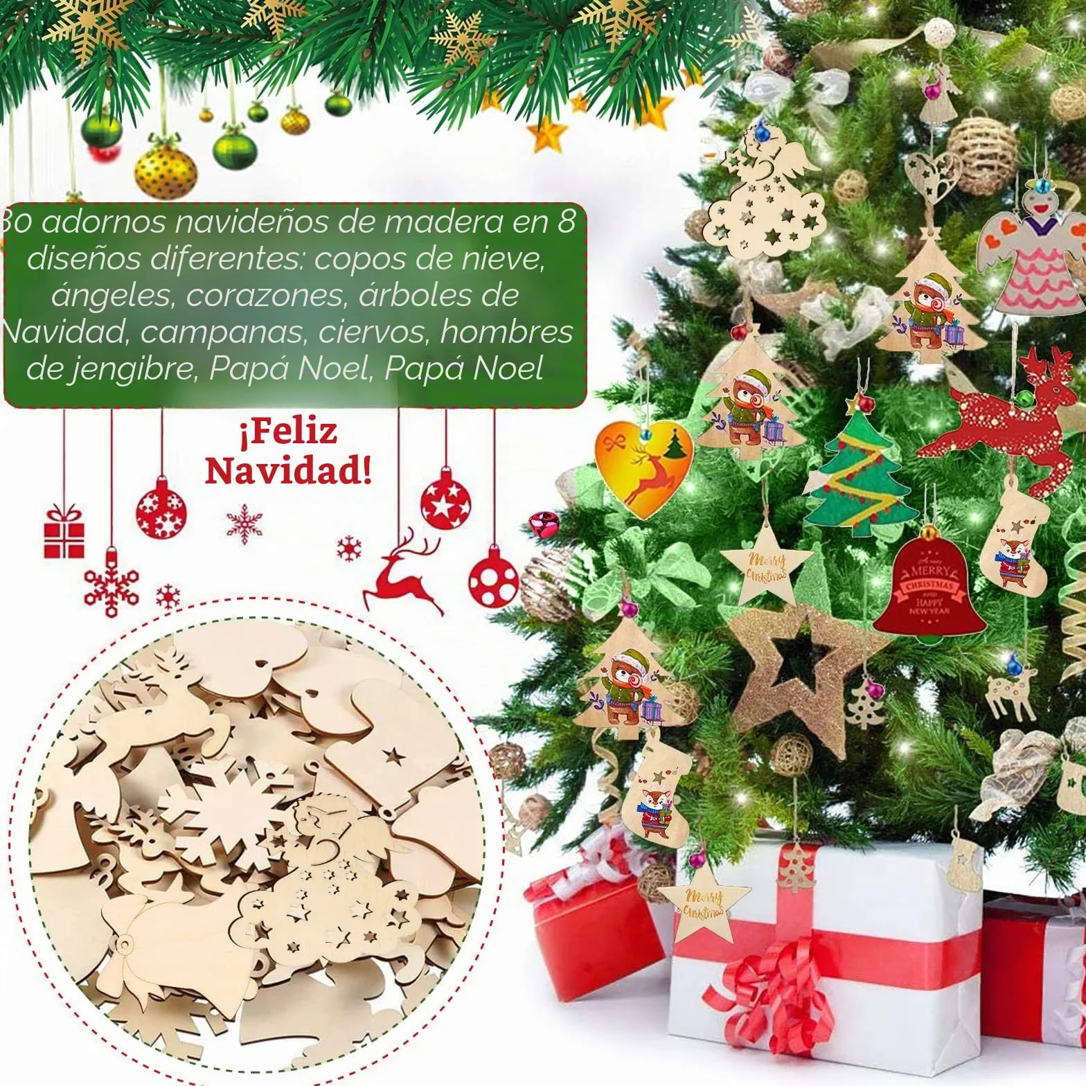 248 Piezas Colgantes de Madera para Navidad, 10 Estilos