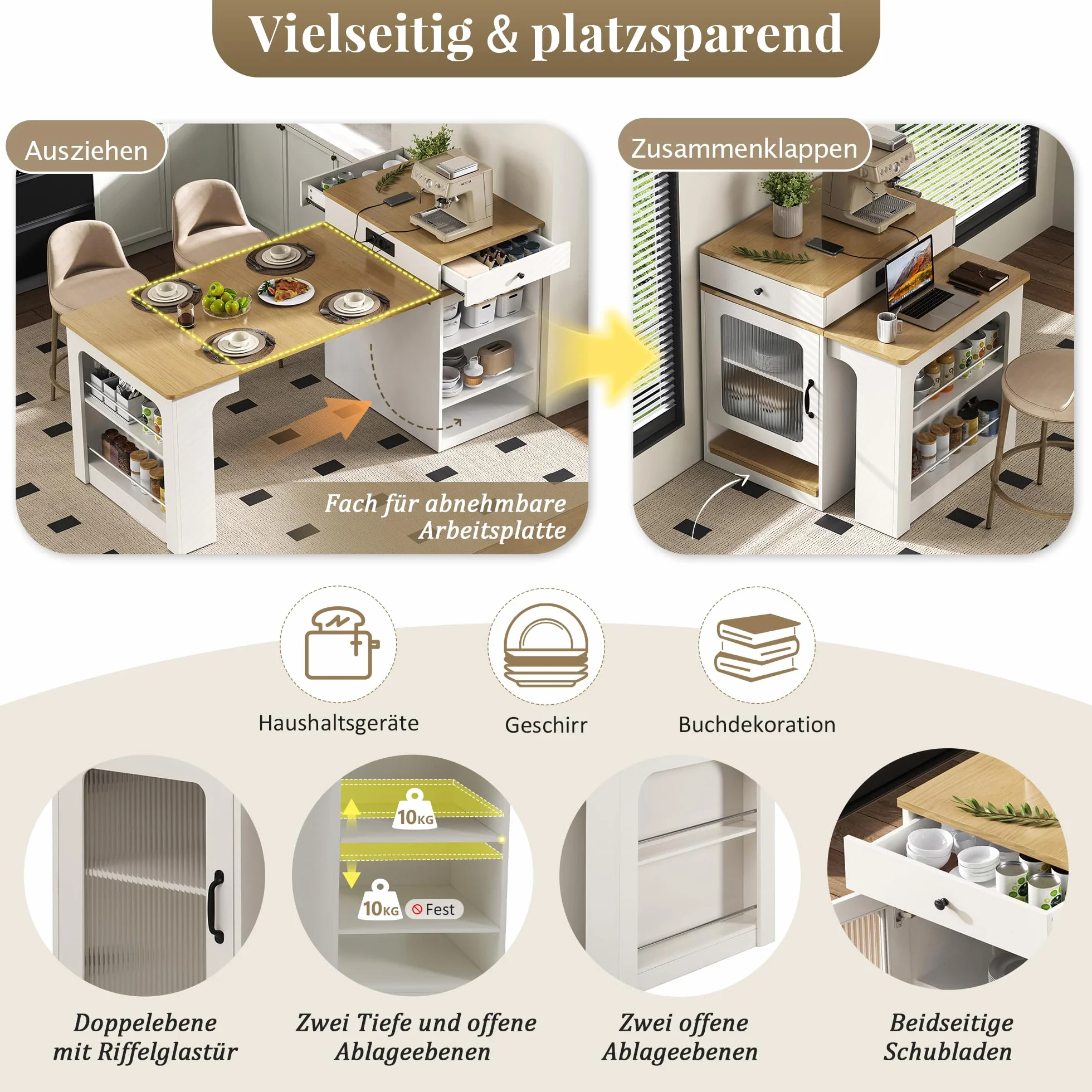 Isla de cocina móvil 80 x 71-151 cm con mesa extensible y enchufes, carrito de cocina con ruedas, mesa de bar, aparador, color blanco/natural, para pequeñas cocinas, comedores y oficinas en