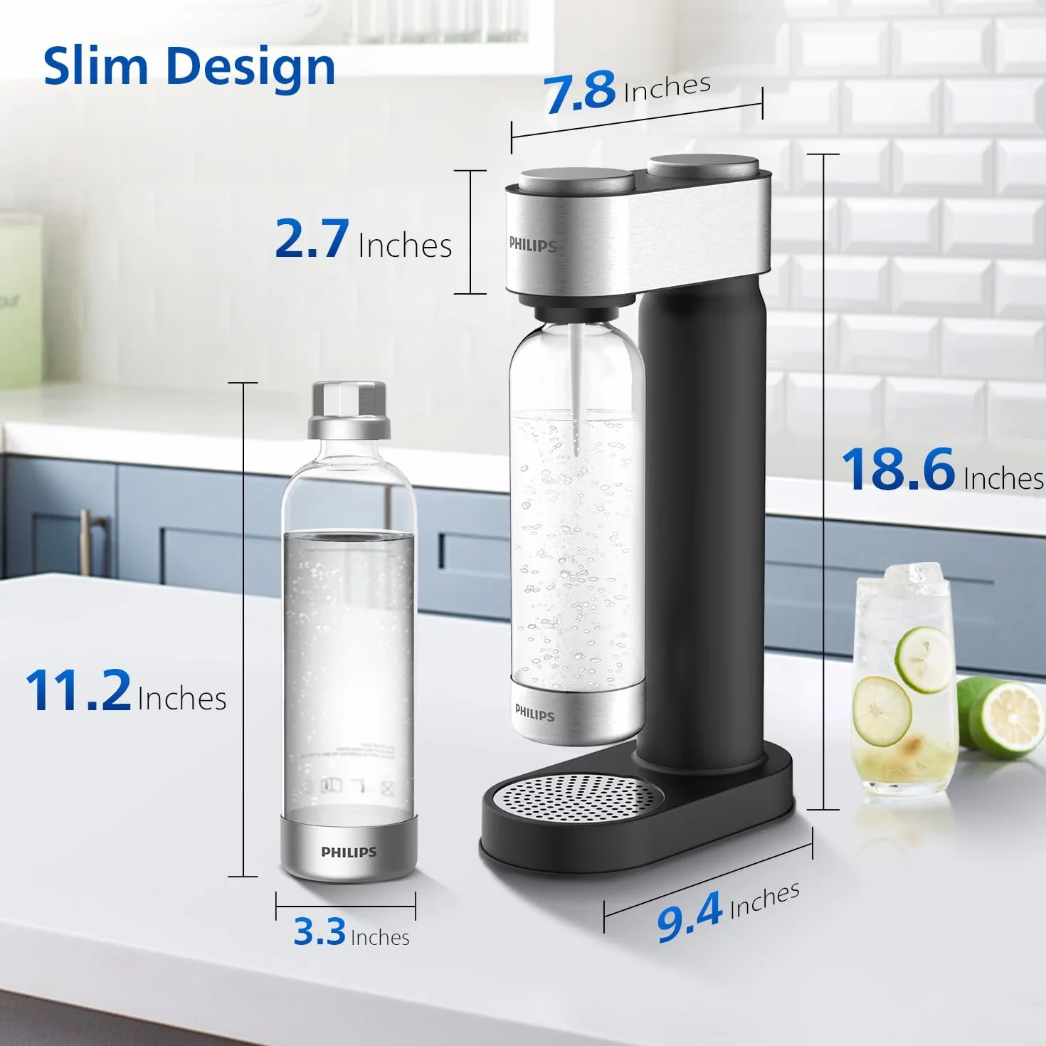 Philips Máquina para hacer refrescos de acero inoxidable con gas para el hogar, 1 litro, sin BPA, compatible con carbonatador de CO2 de 60 L
